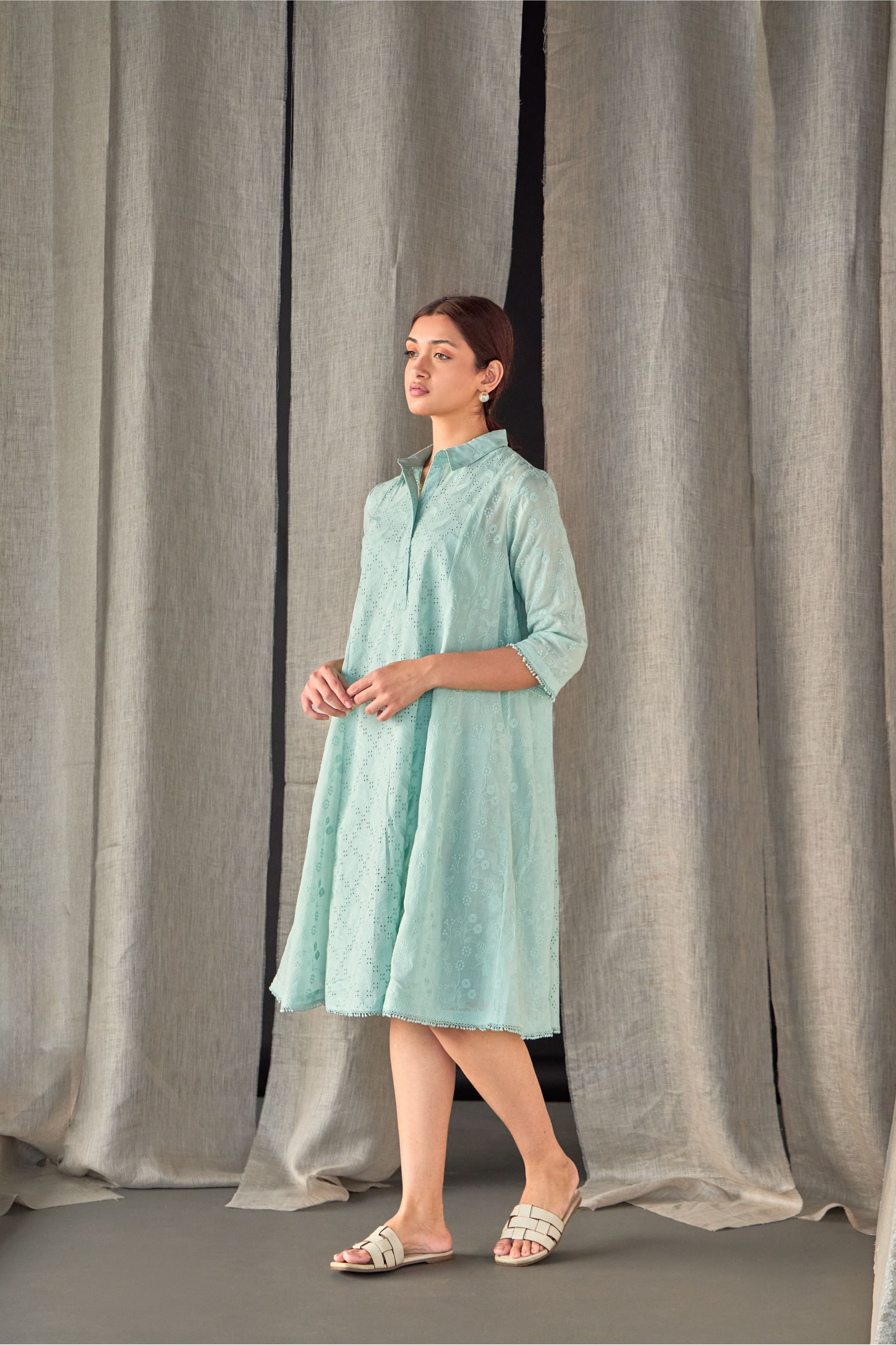 Aqua Pure Cotton Schiffli Cutwork Dress - Mokshaa