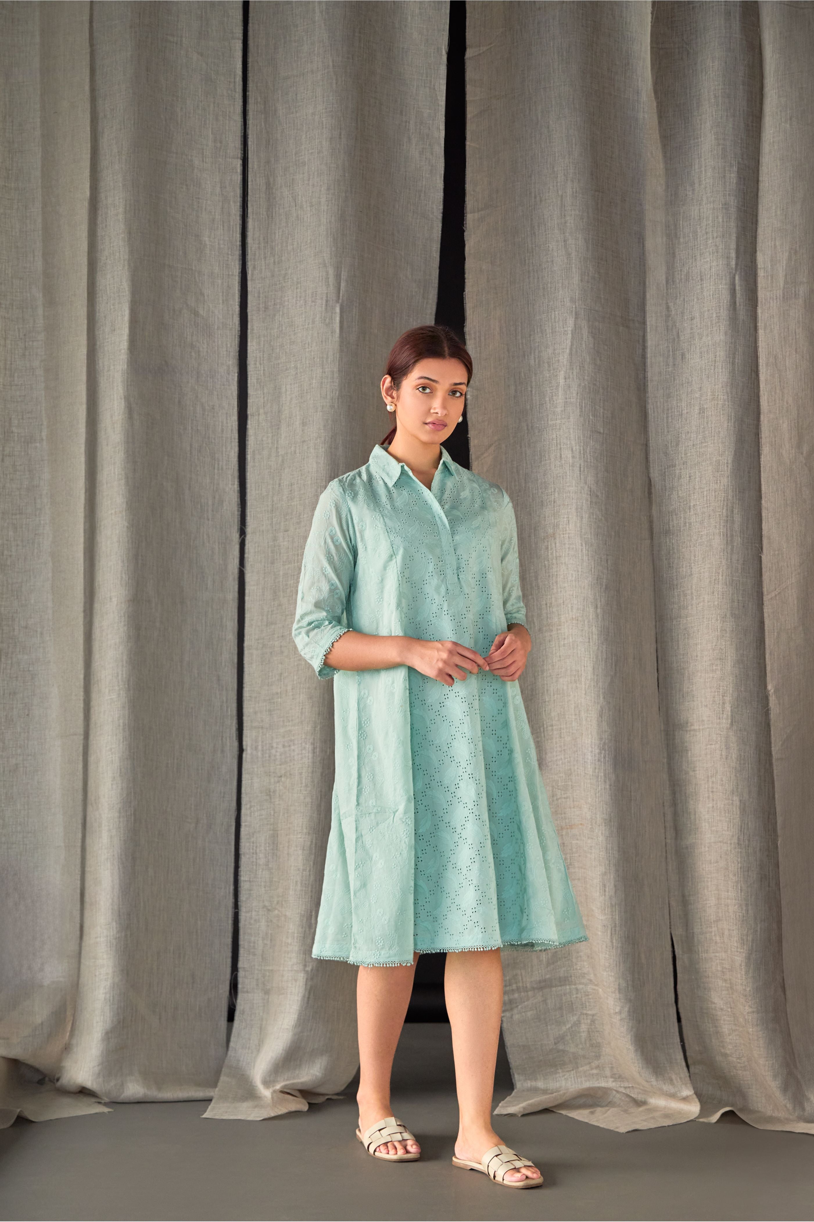 Aqua Pure Cotton Schiffli Cutwork Dress - Mokshaa