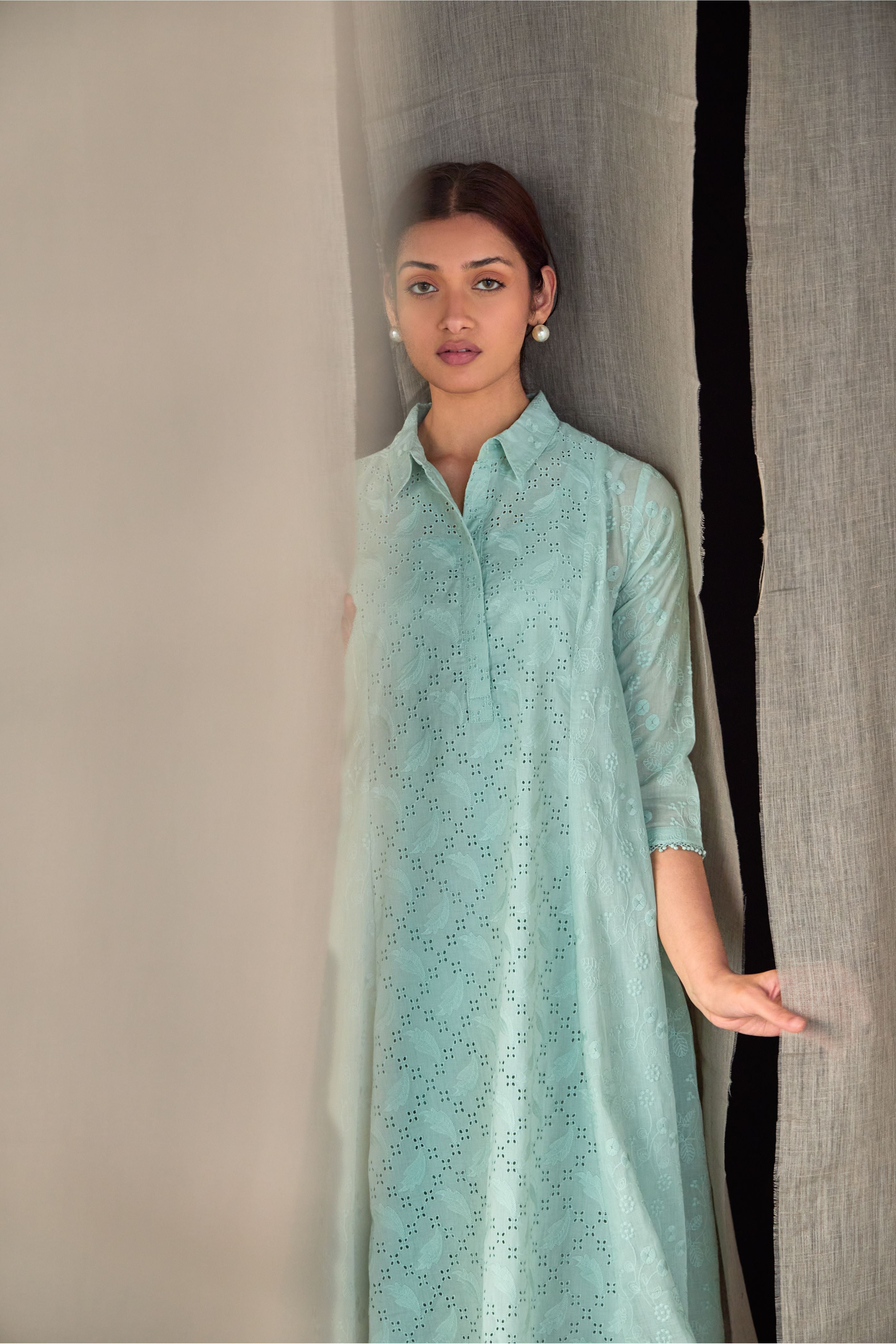 Aqua Pure Cotton Schiffli Cutwork Dress - Mokshaa