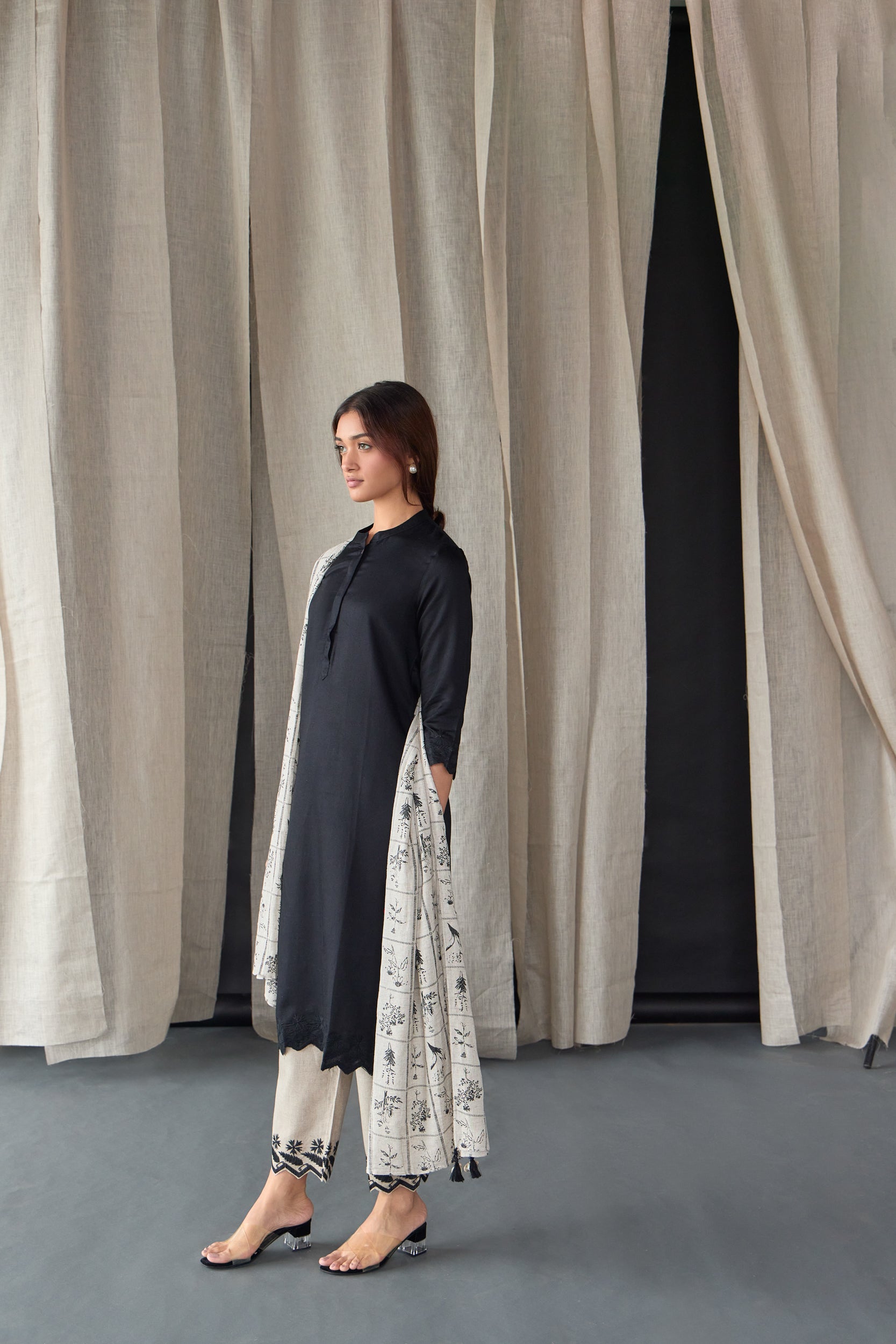 Hand Scalloped Black Kurta set with Tonal Embroidery - Mokshaa