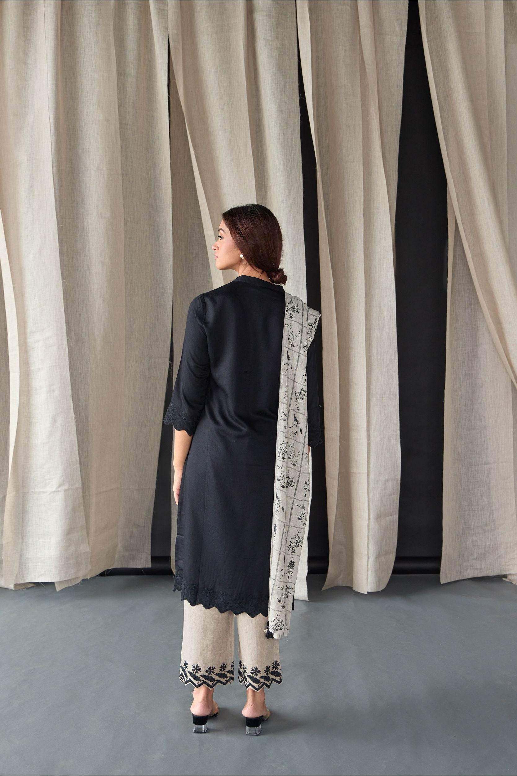 Hand Scalloped Black Kurta set with Tonal Embroidery - Mokshaa