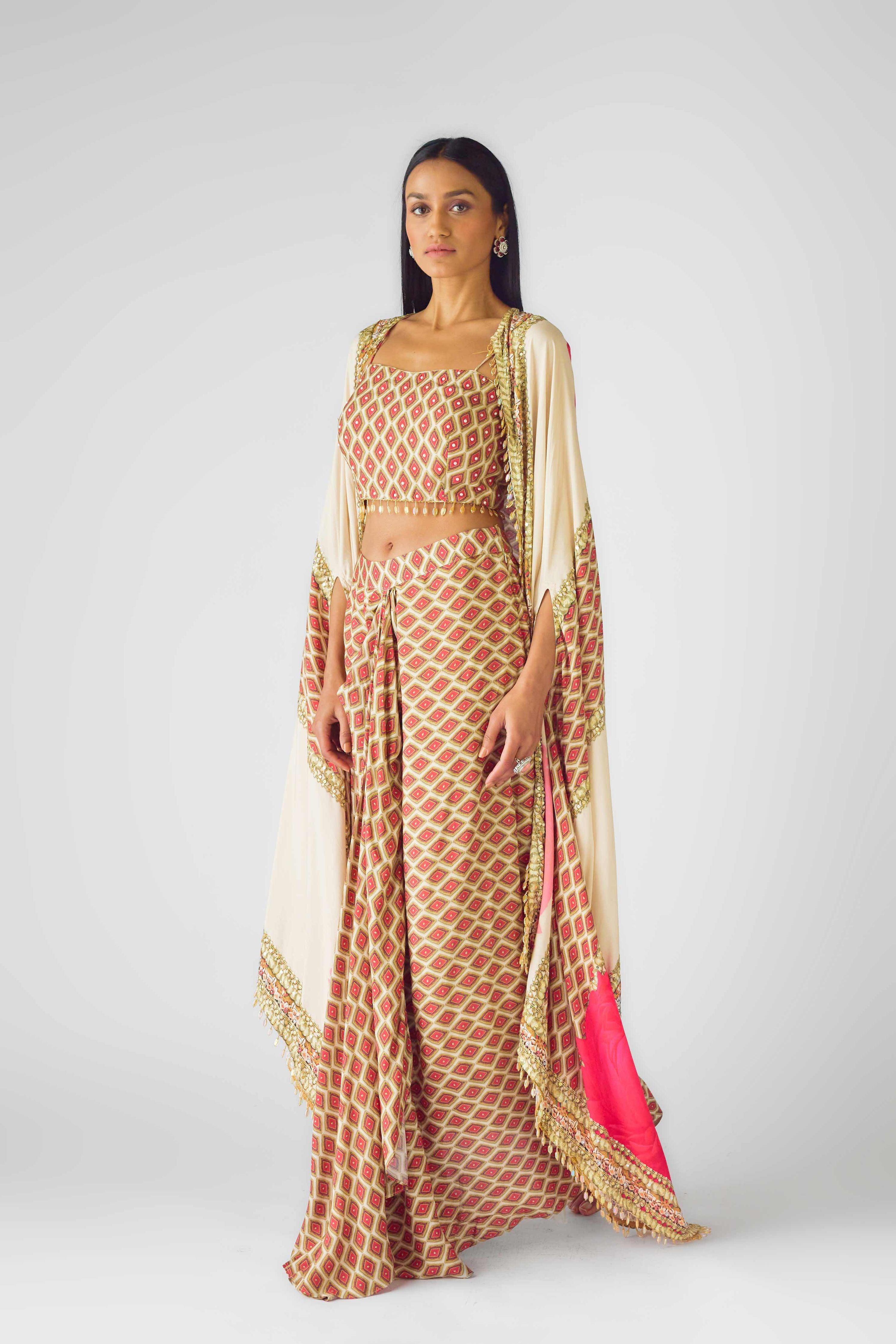 Ivory Muslin Embroidered Cape Set  Mokshaa