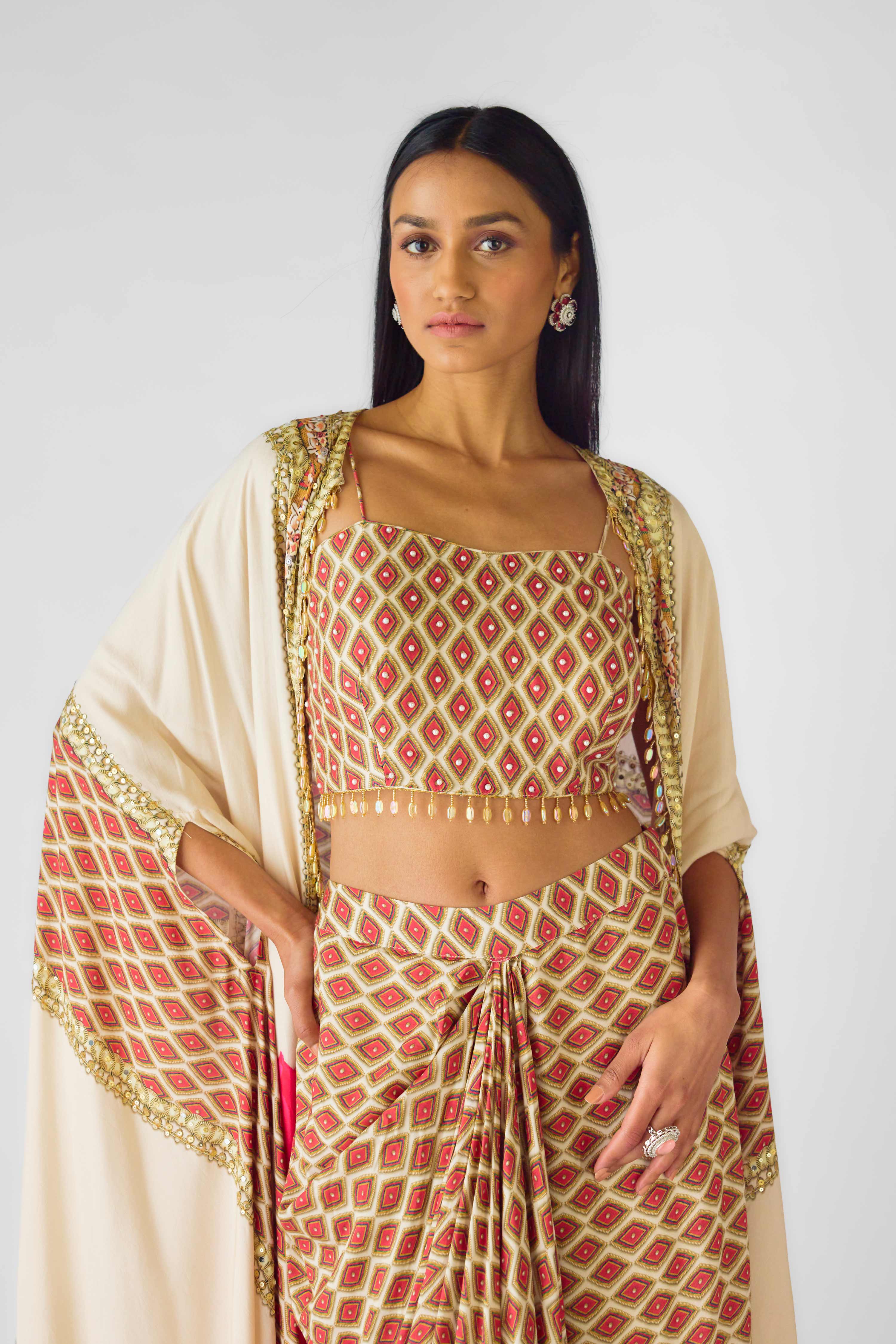 Ivory Muslin Embroidered Cape Set  Mokshaa