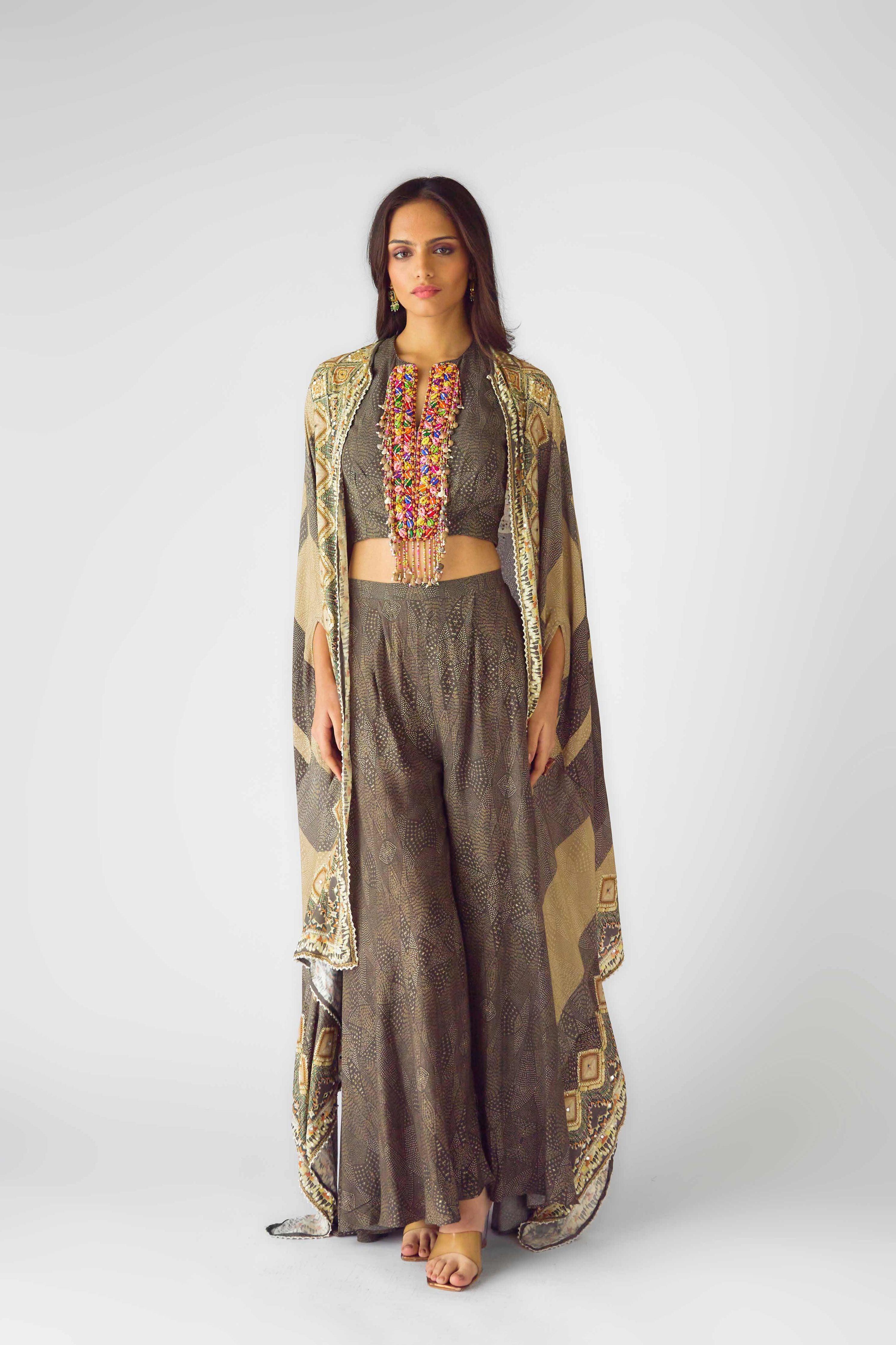 Beige Muslin Embroidered Cape Set  Mokshaa