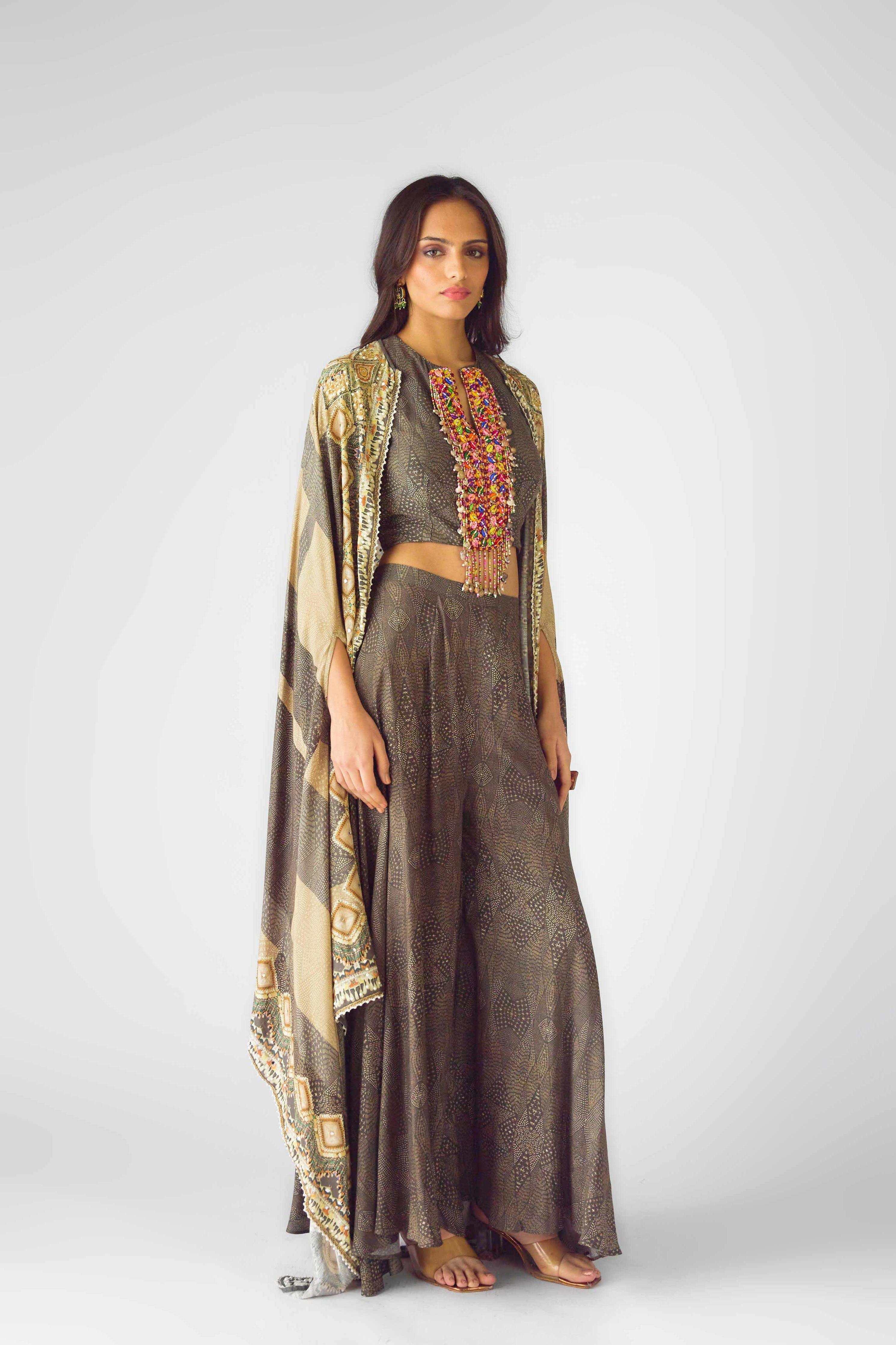 Beige Muslin Embroidered Cape Set  Mokshaa