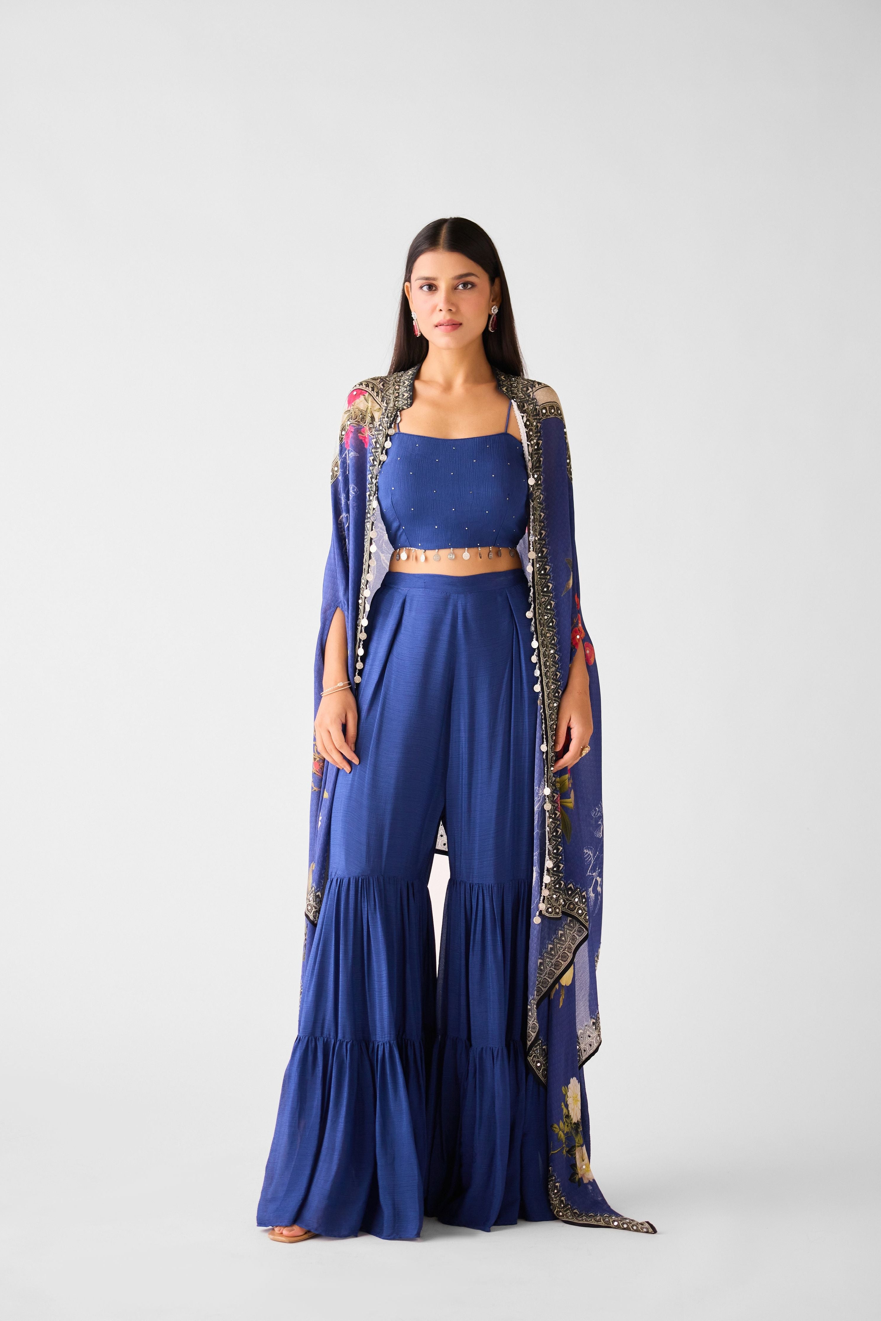 Blue Chinon Cape & Sharara Set - Mokshaa