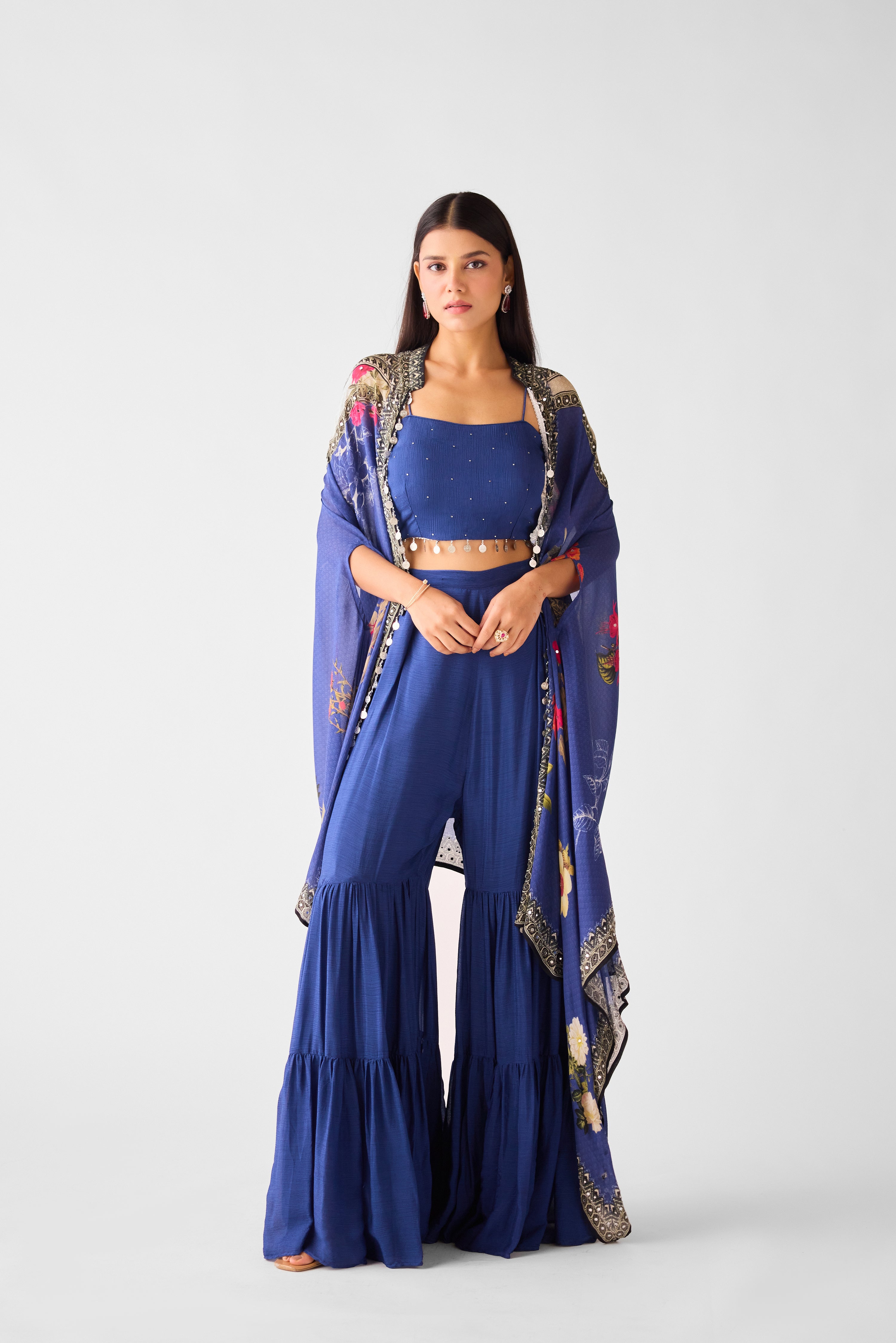 Blue Chinon Cape & Sharara Set