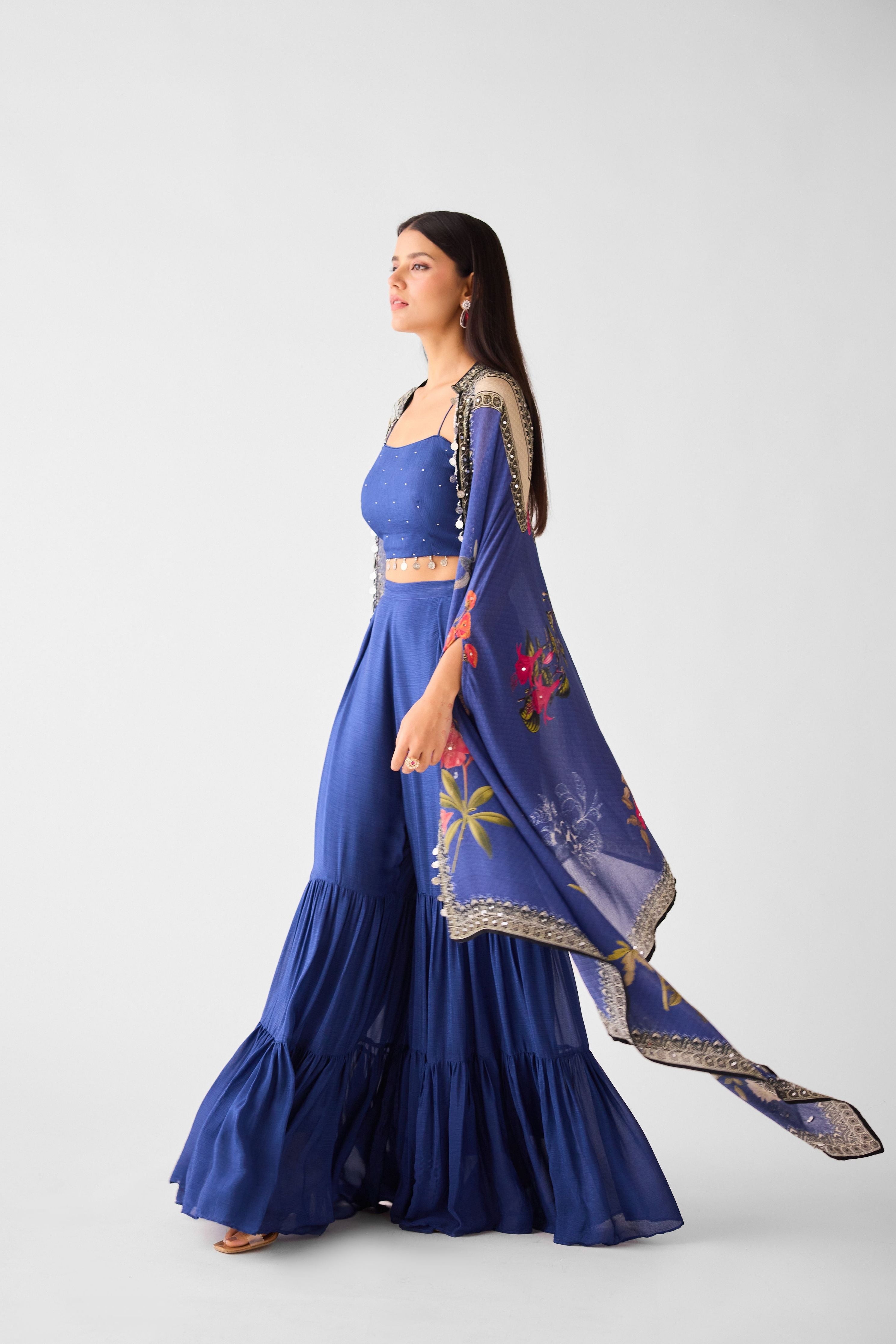 Blue Chinon Cape & Sharara Set - Mokshaa