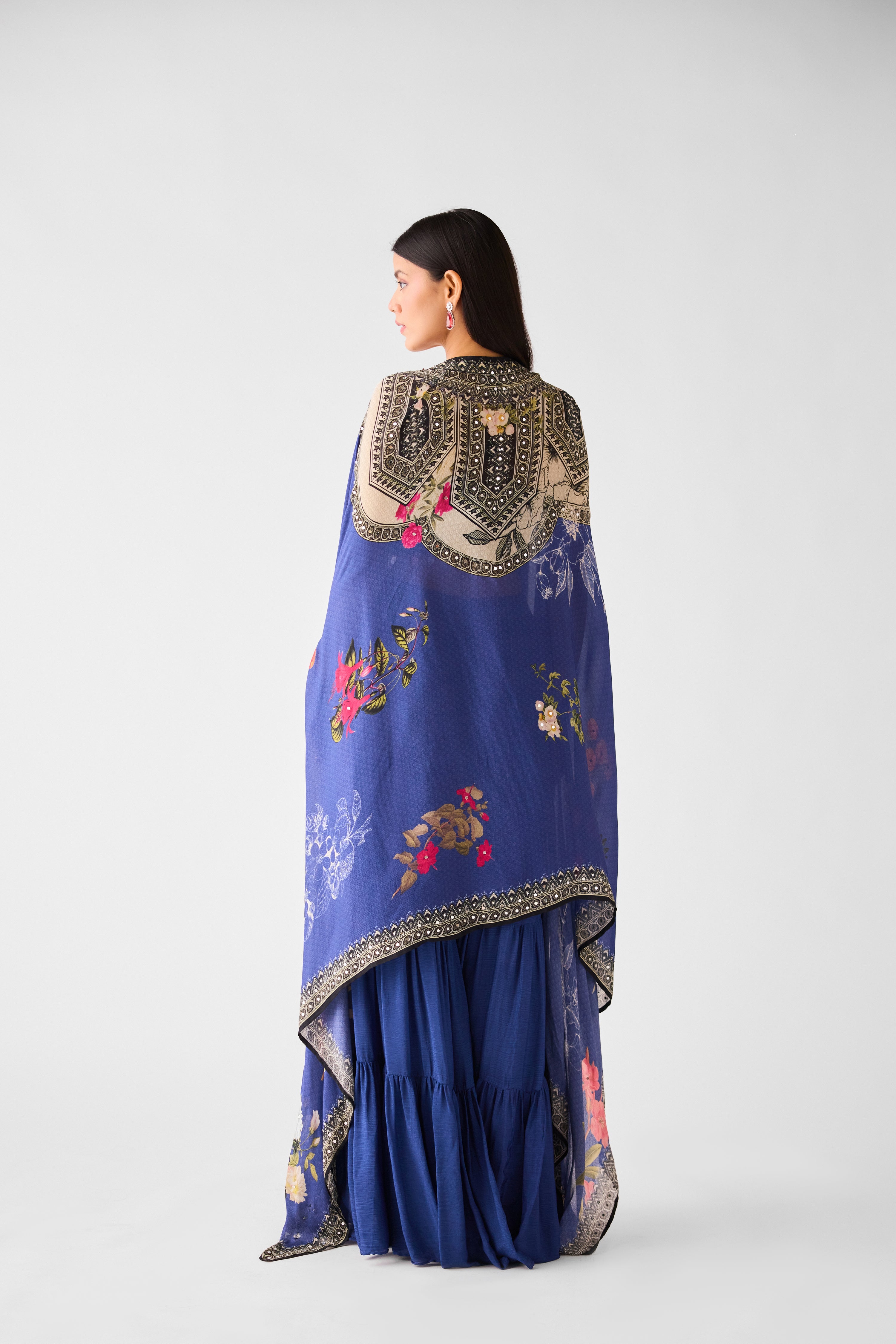 Blue Chinon Cape & Sharara Set - Mokshaa