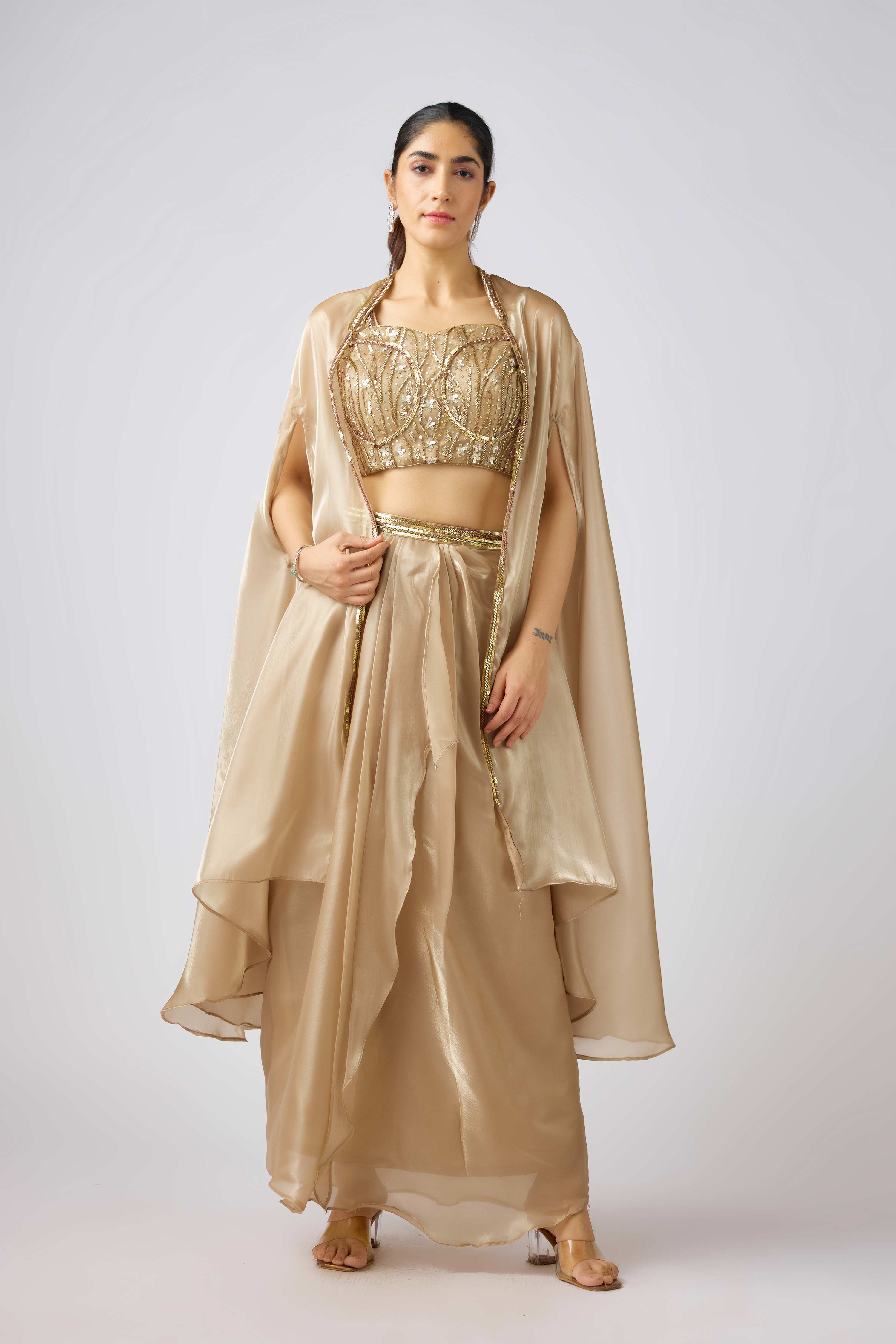 Gold Organza Embroidered Cape Set  Mokshaa