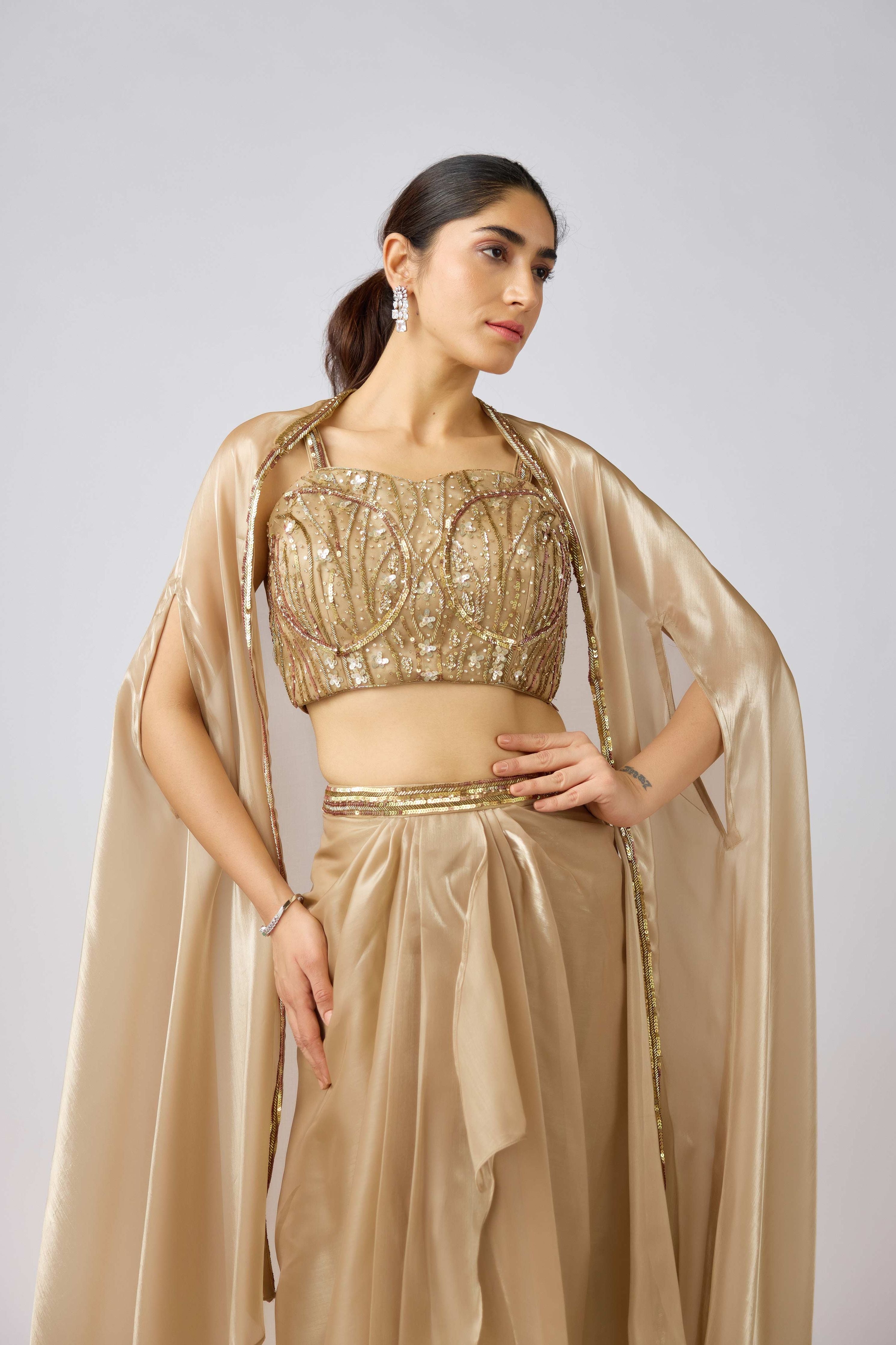 Gold Organza Embroidered Cape Set  Mokshaa