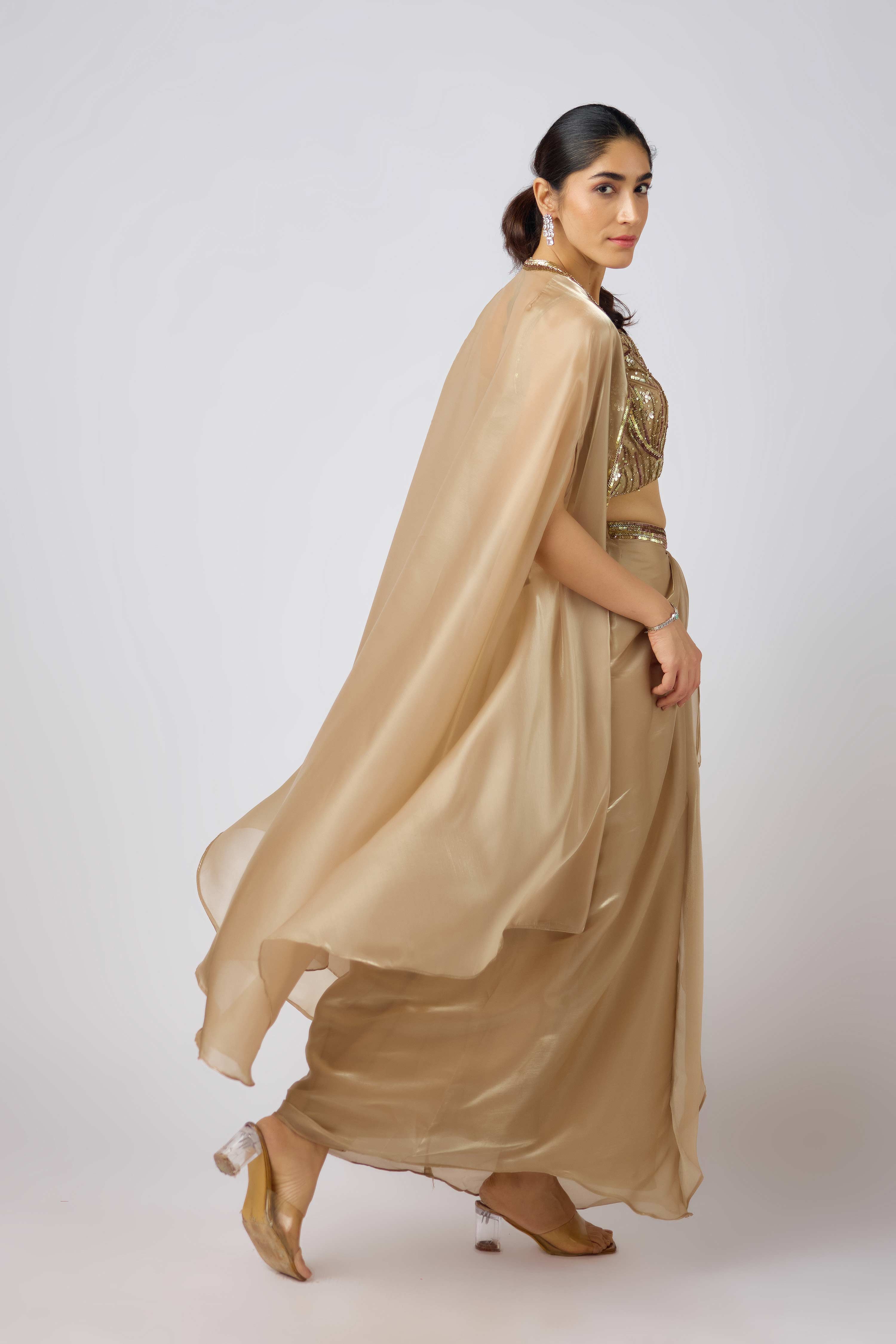 Gold Organza Embroidered Cape Set  Mokshaa