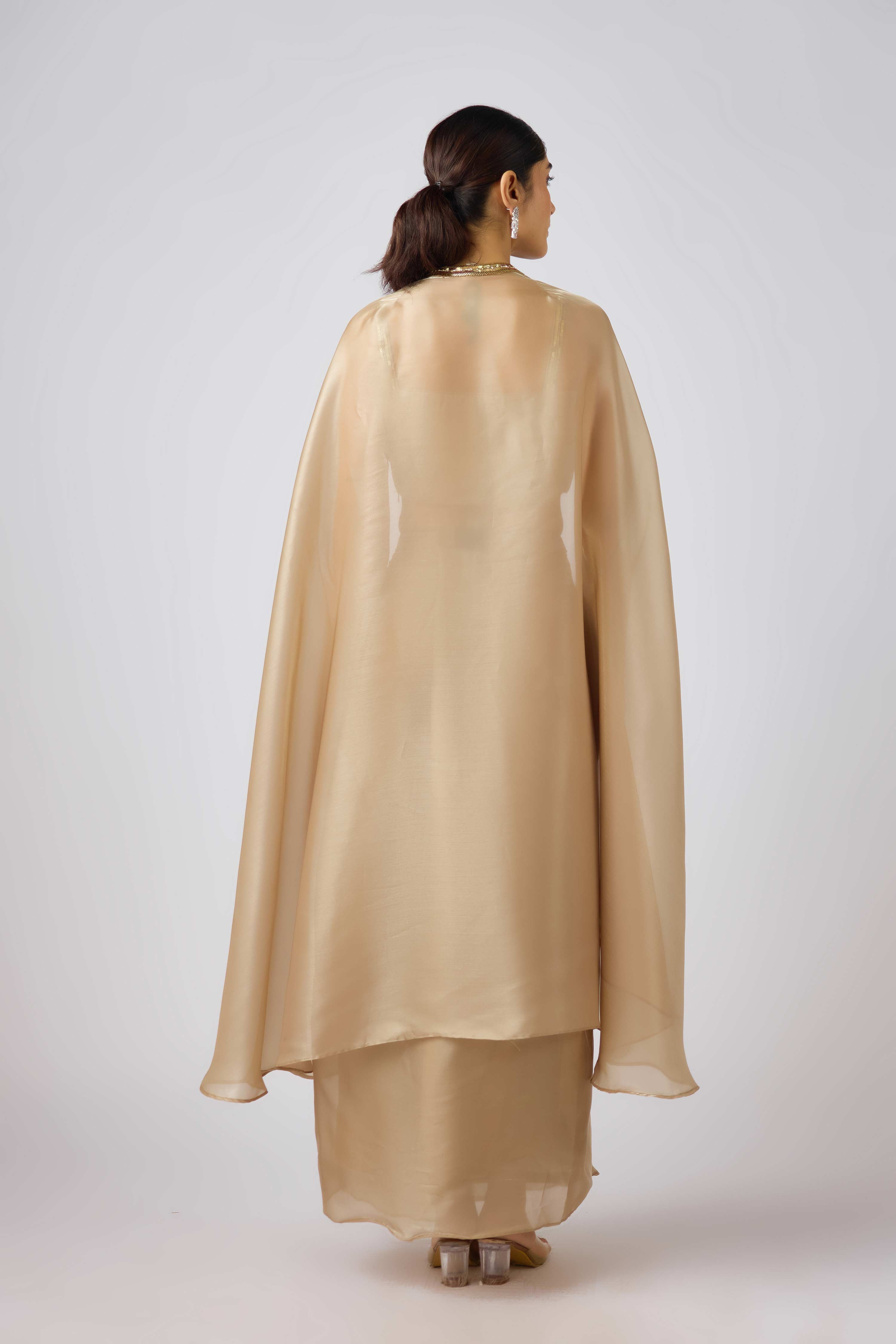 Gold Organza Embroidered Cape Set  Mokshaa