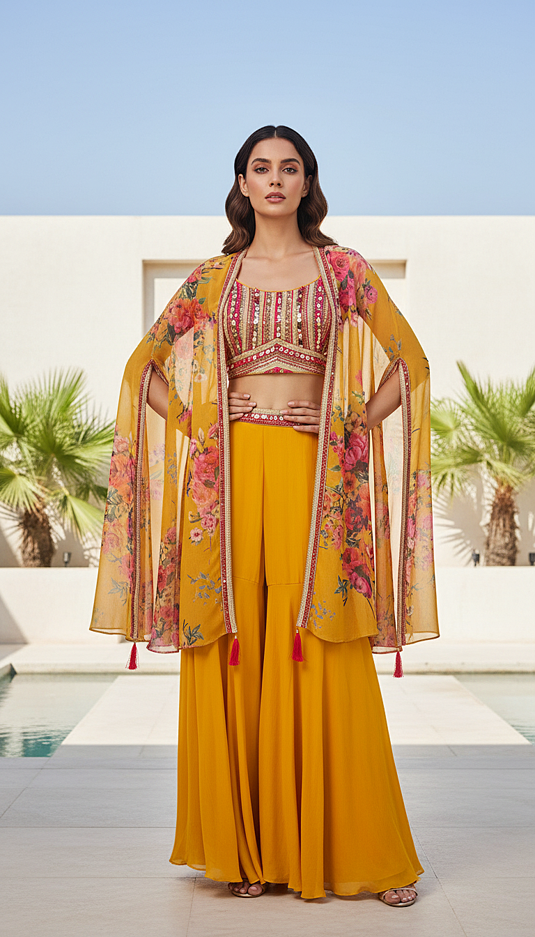 Yellow Georgette Embroidered Cape Set