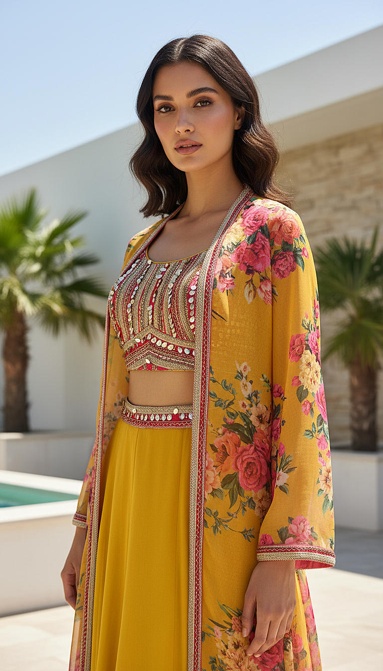 Yellow Georgette Embroidered Cape Set