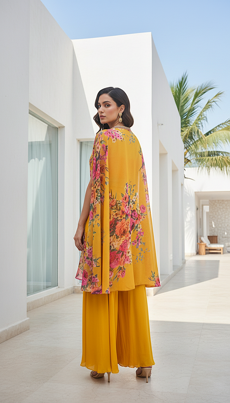 Yellow Georgette Embroidered Cape Set