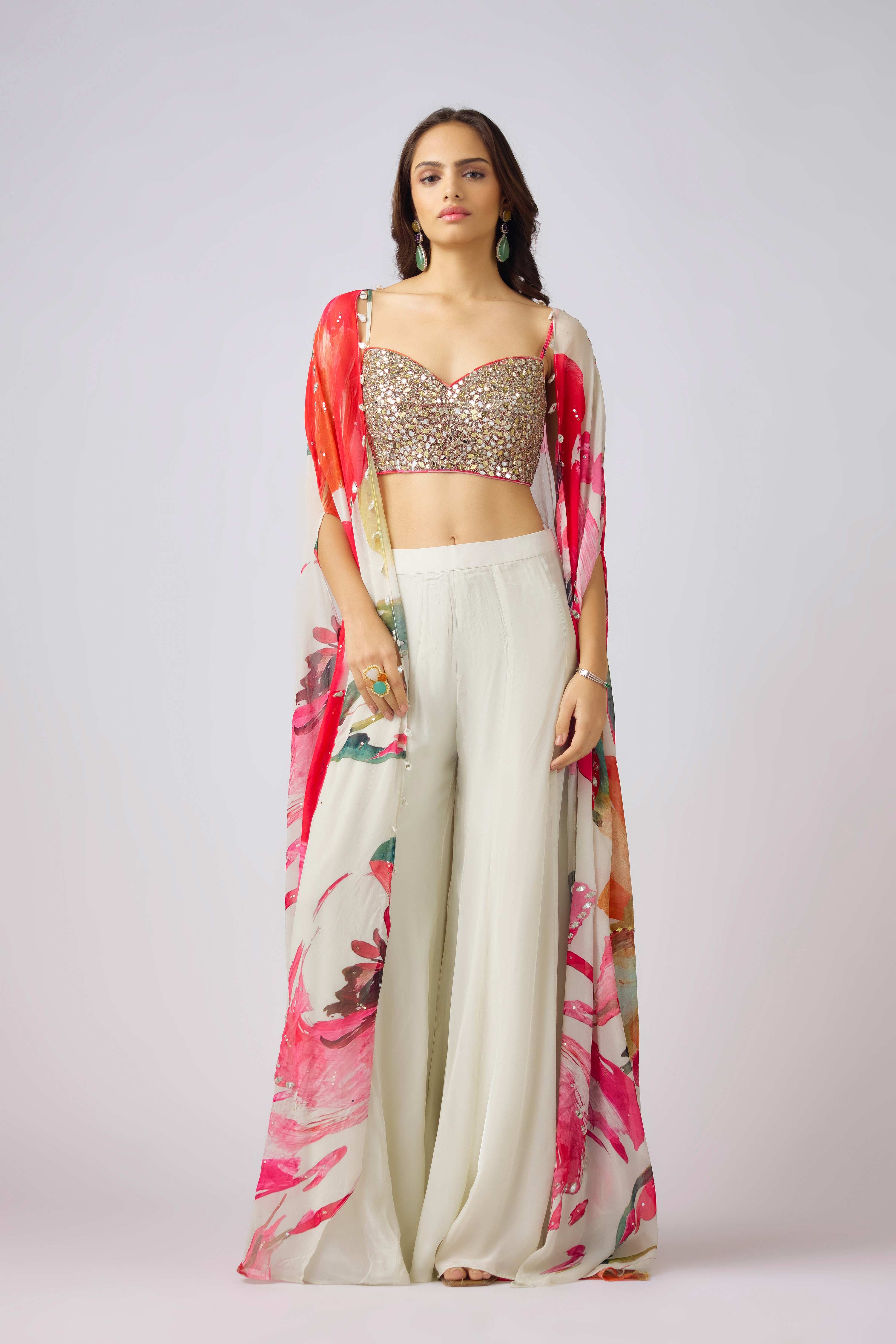 Multi Crepe Embroidered Floral Cape Set  Mokshaa