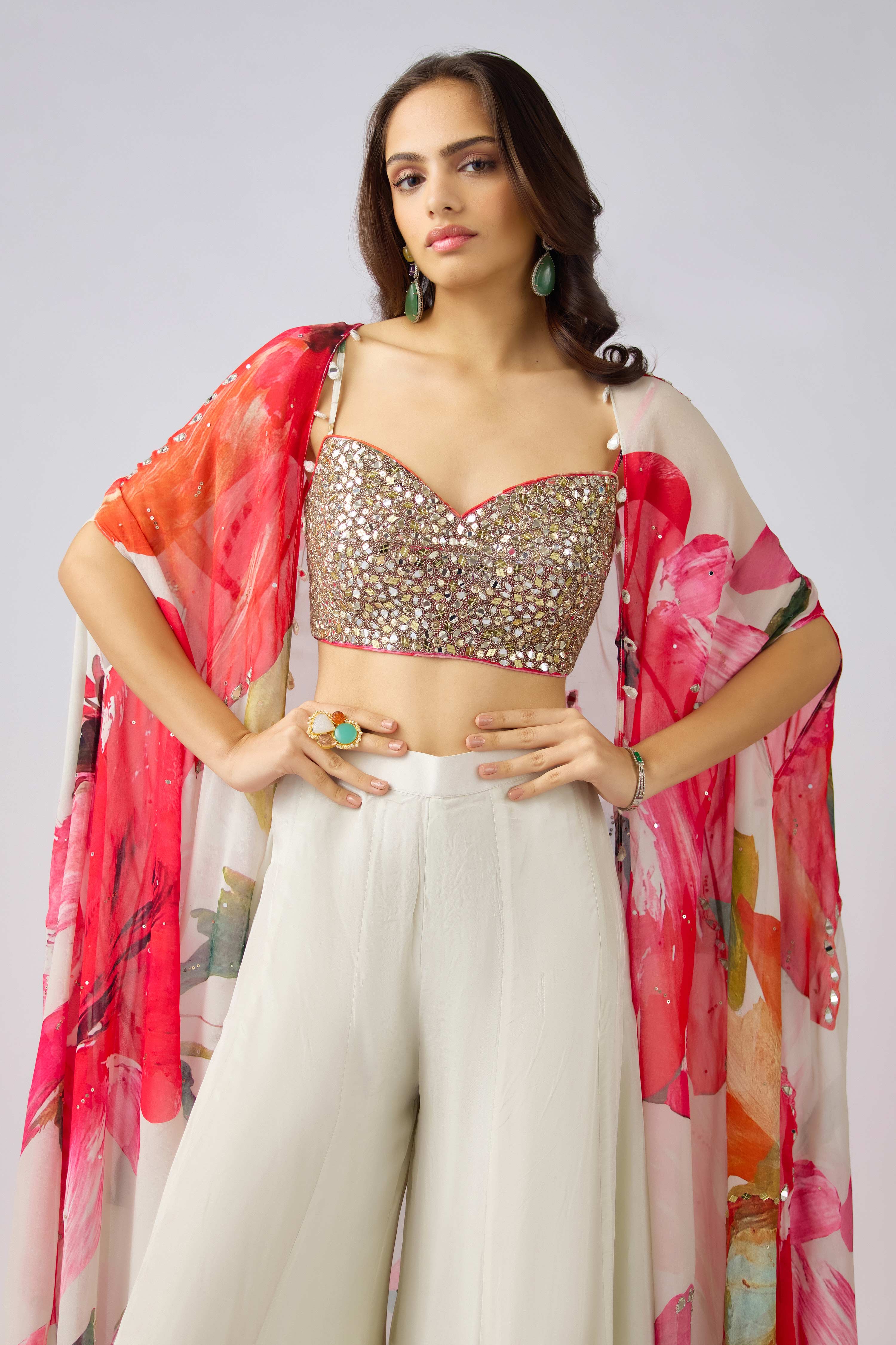 Multi Crepe Embroidered Floral Cape Set  Mokshaa