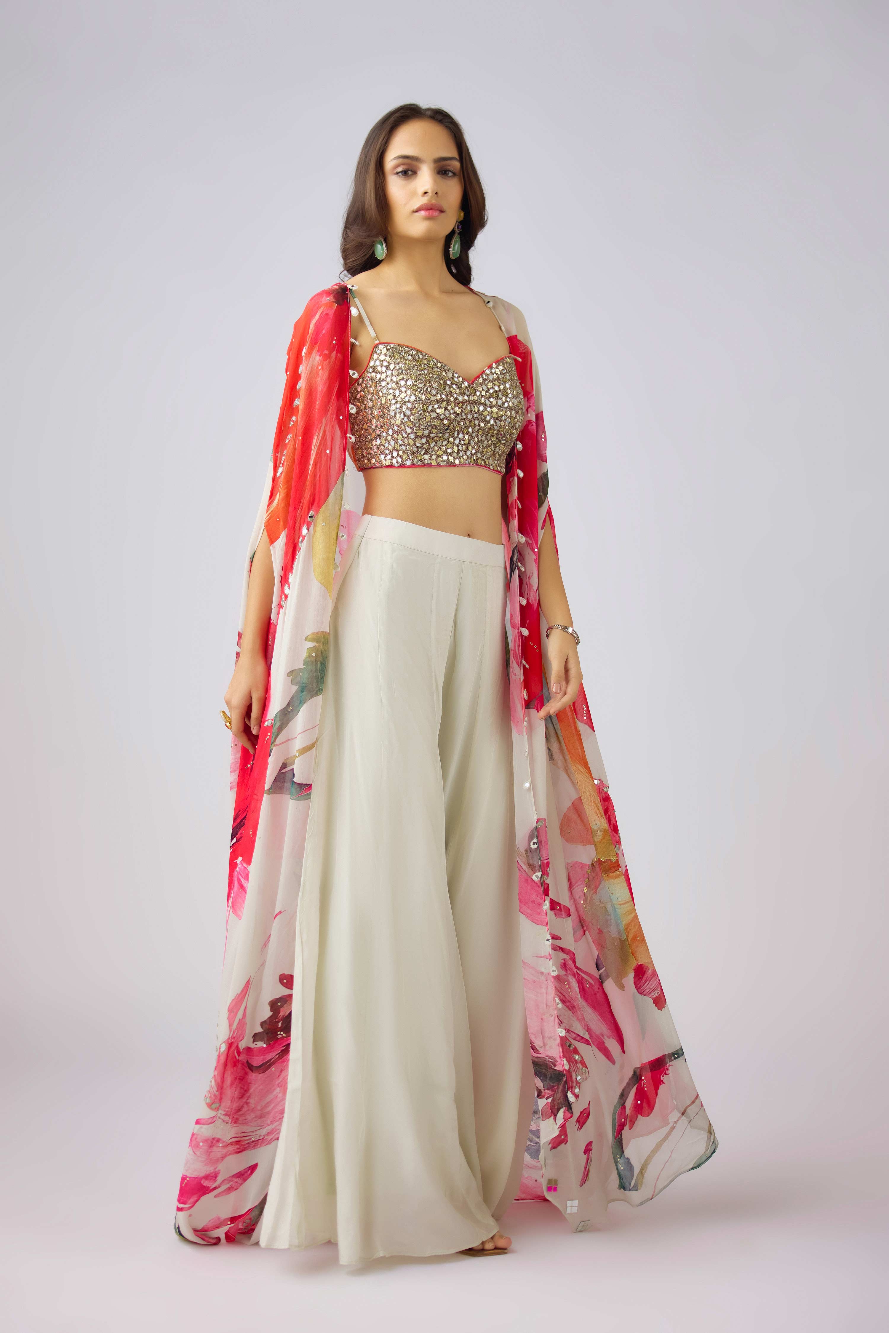 Multi Crepe Embroidered Floral Cape Set  Mokshaa