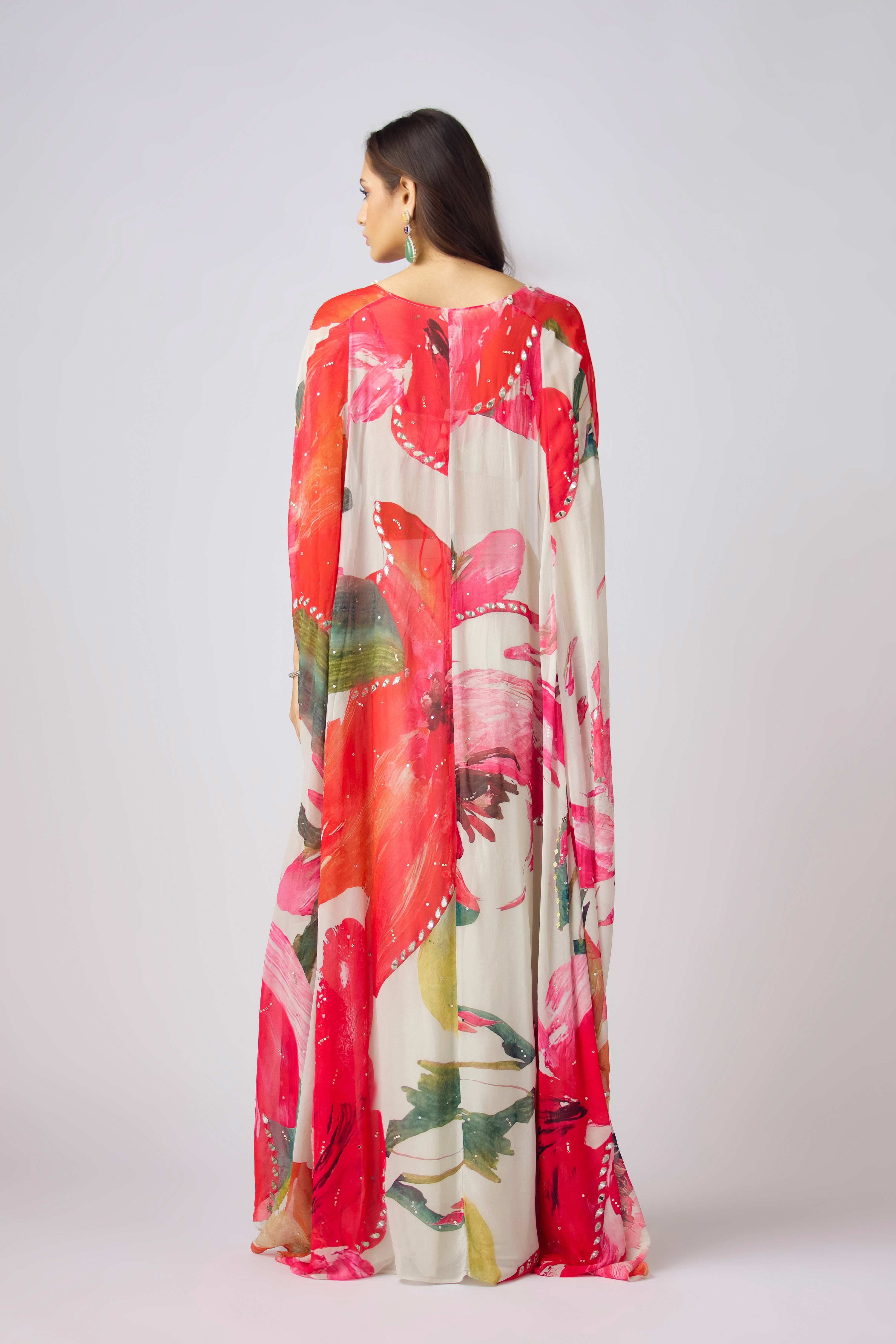 Multi Crepe Embroidered Floral Cape Set  Mokshaa