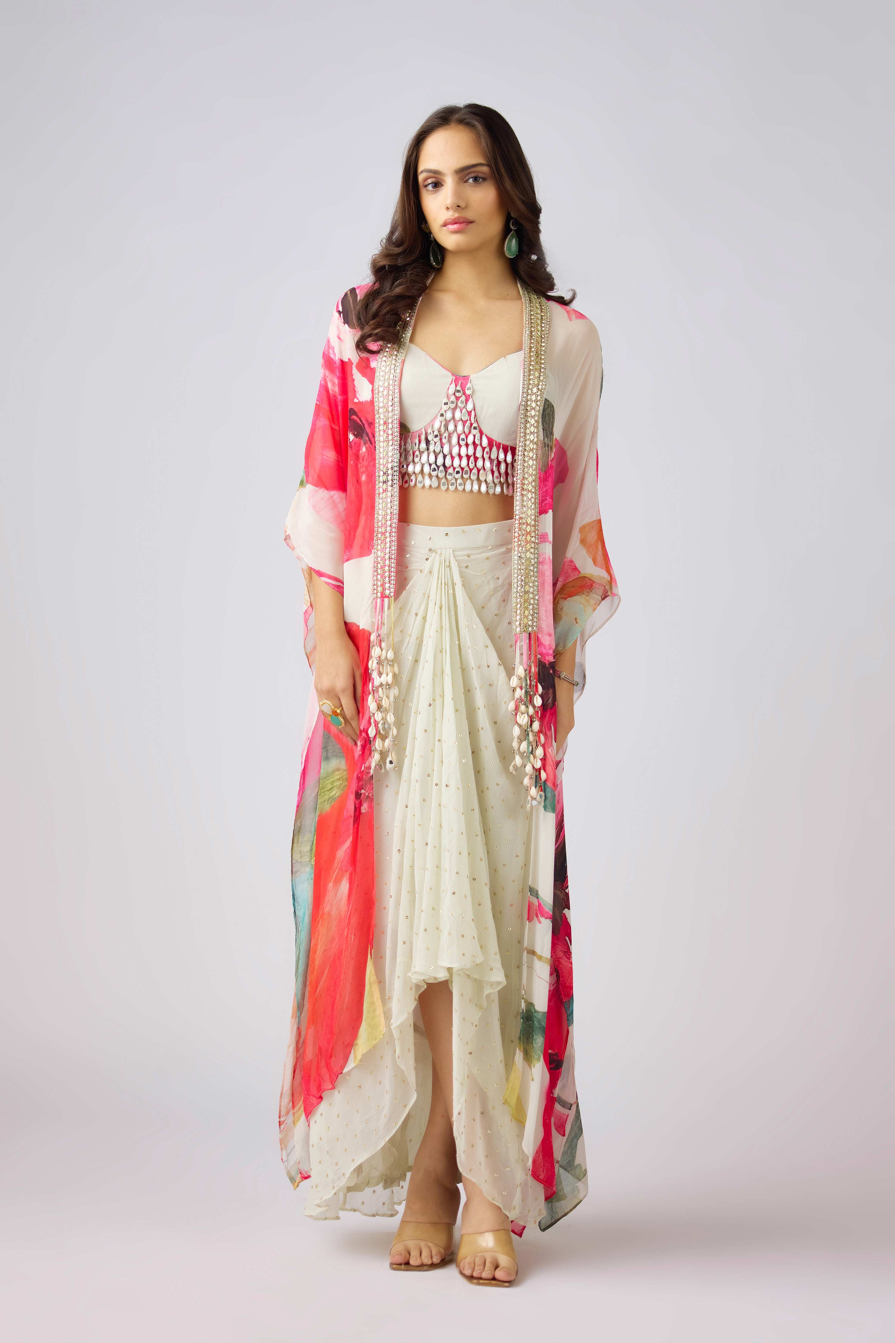 Multi Crepe Embroidered Floral Cape Set  Mokshaa