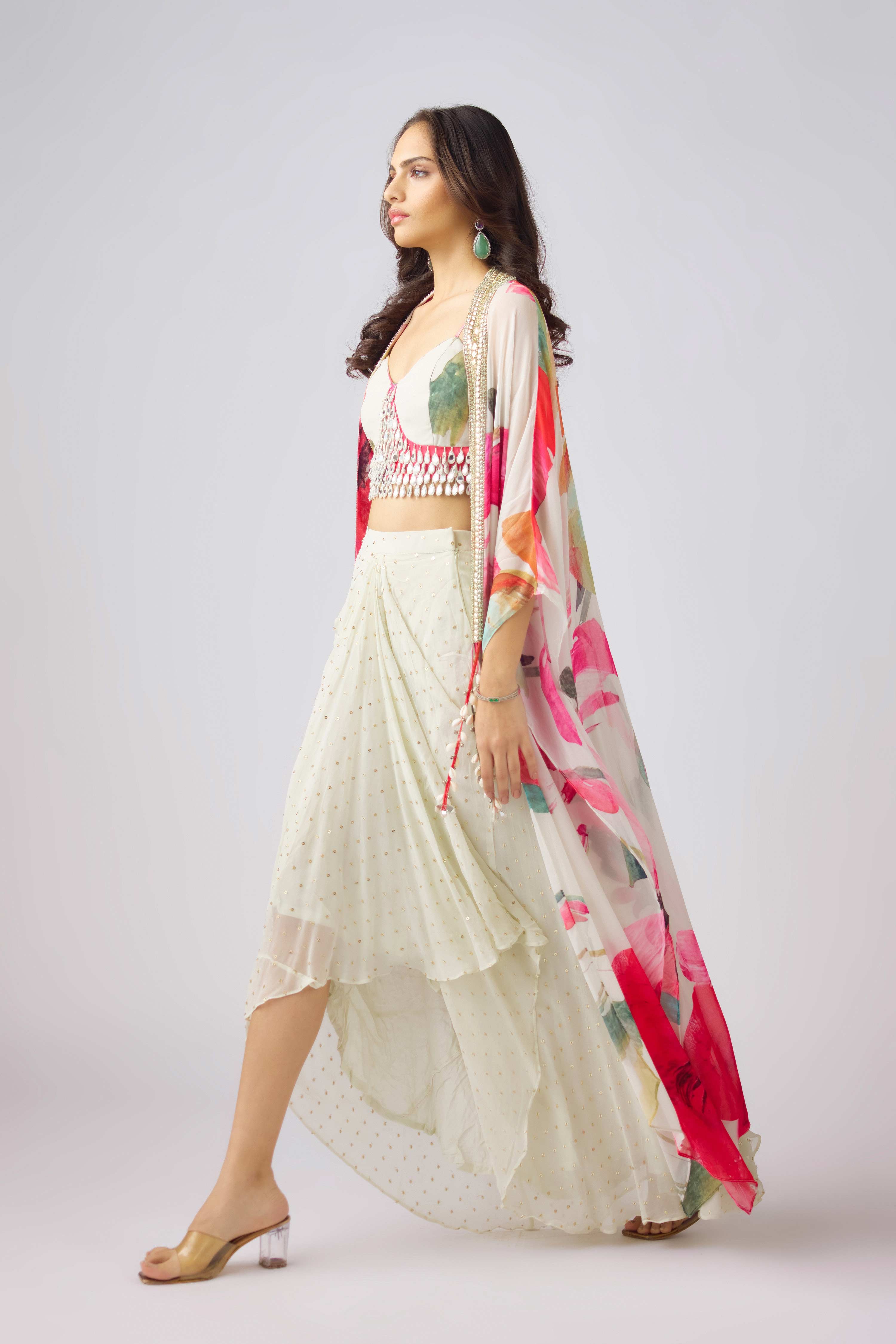 Multi Crepe Embroidered Floral Cape Set  Mokshaa