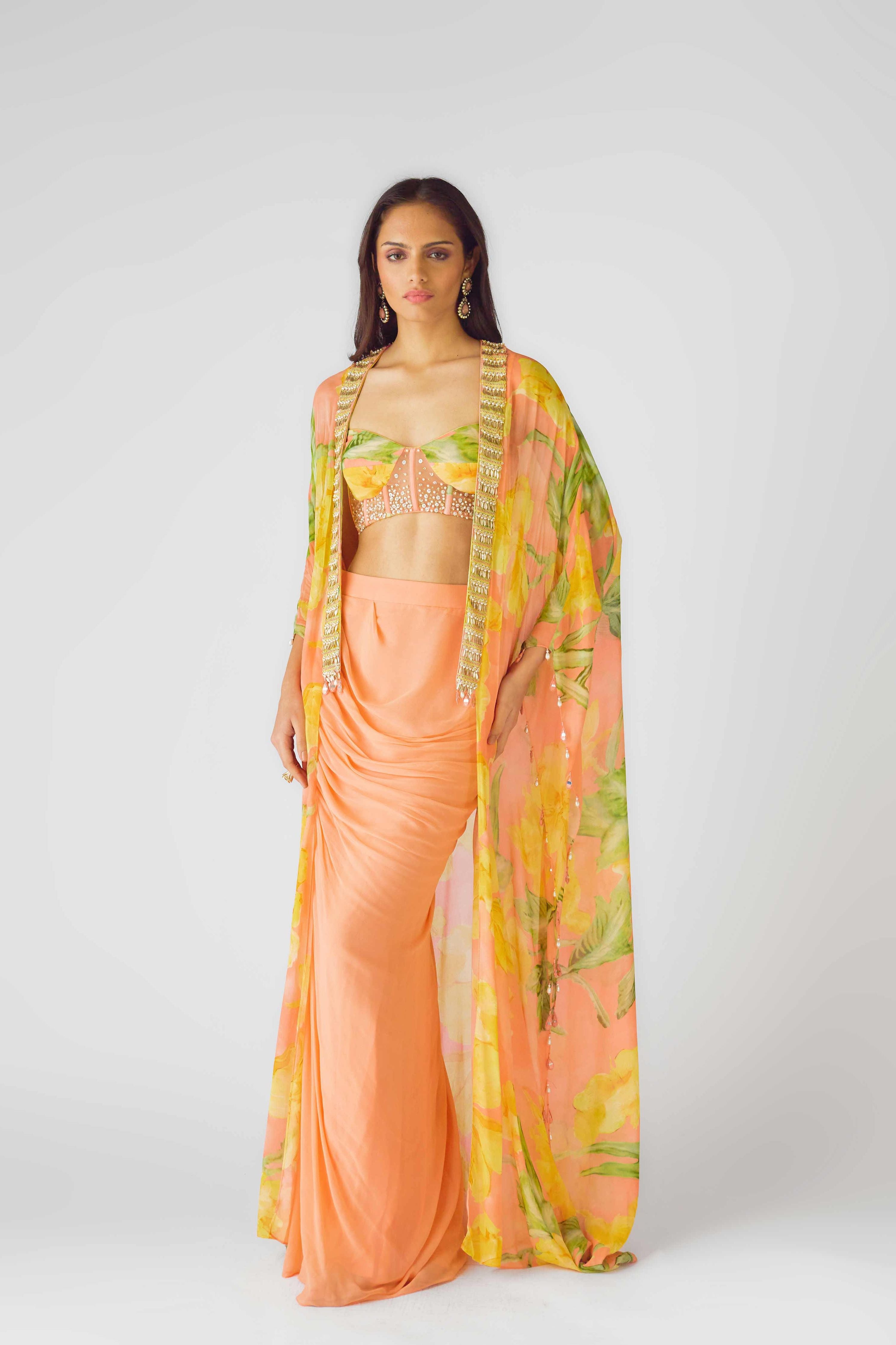 The Soft Peach Blooms Cape Set  Mokshaa
