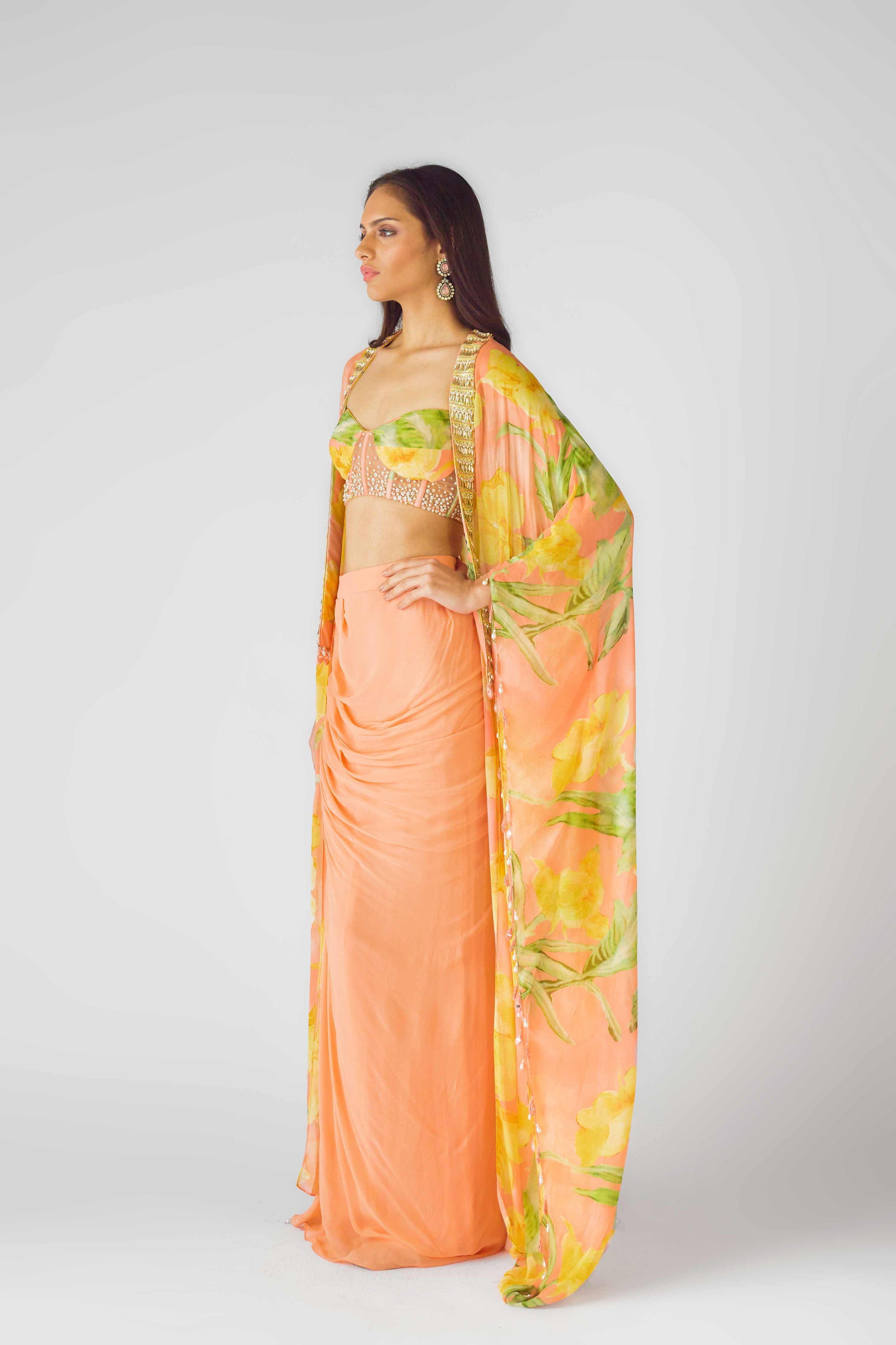 The Soft Peach Blooms Cape Set  Mokshaa