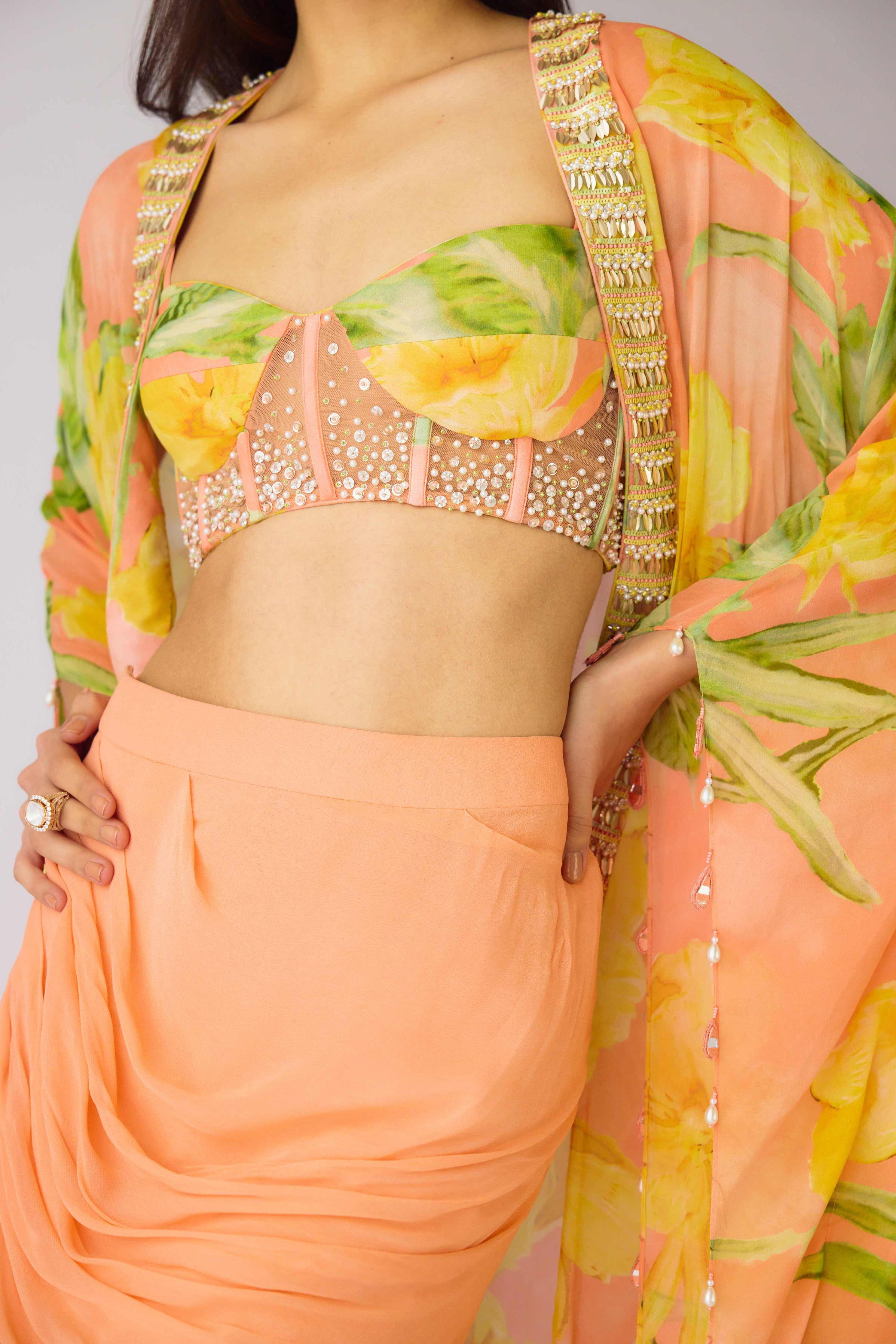 The Soft Peach Blooms Cape Set  Mokshaa