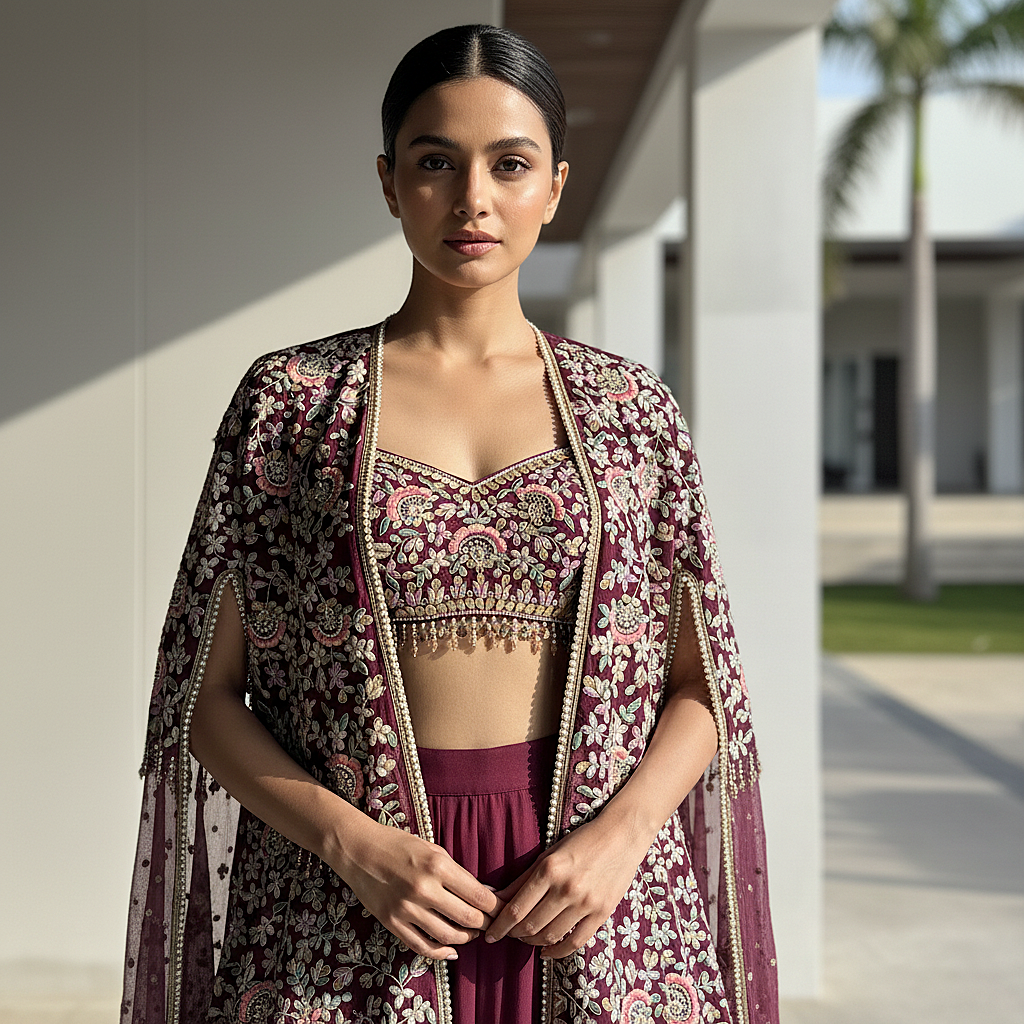 The Imperial Plum Embroidered Cape Set
