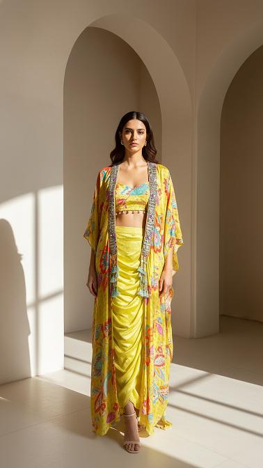 Lime Crepe Floral Embroidered Cape Set