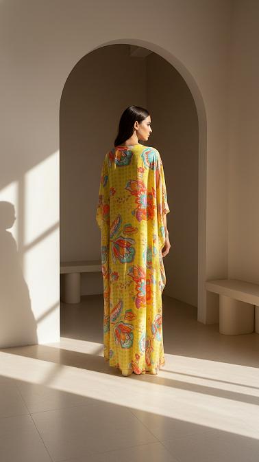 Lime Crepe Floral Embroidered Cape Set