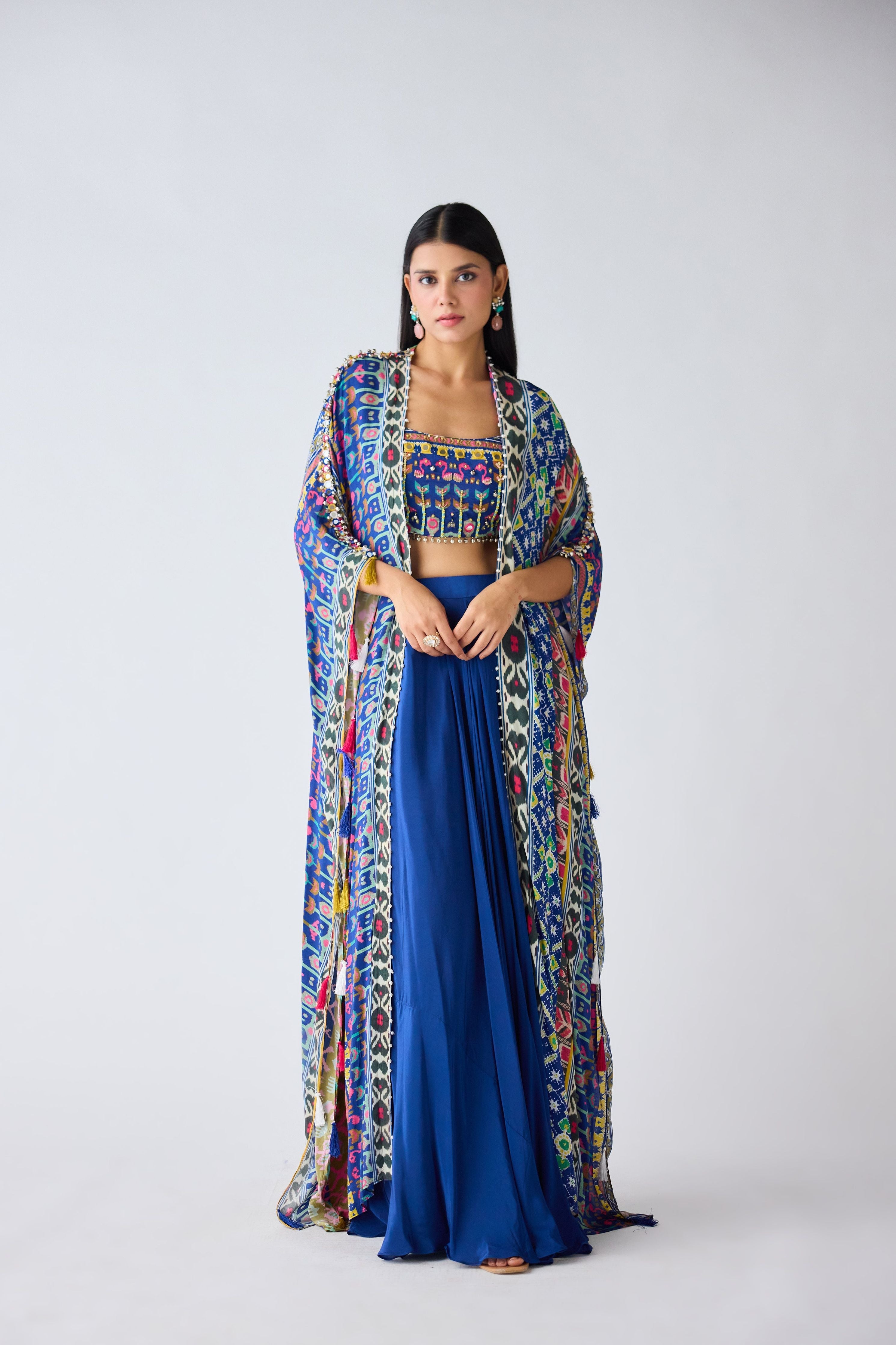 Blue Printed Skirt & Cape Set - Mokshaa