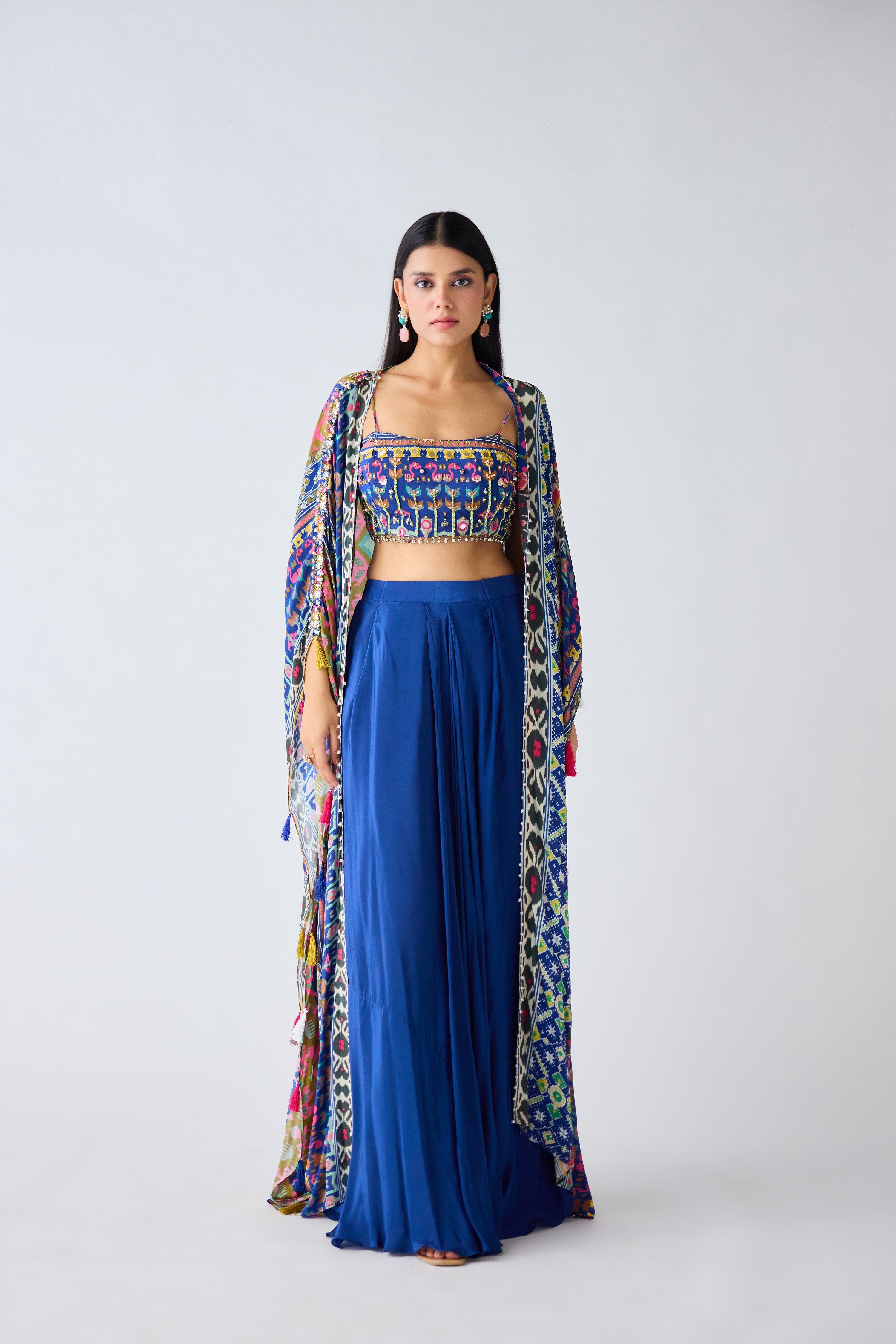 Blue Printed Skirt & Cape Set - Mokshaa