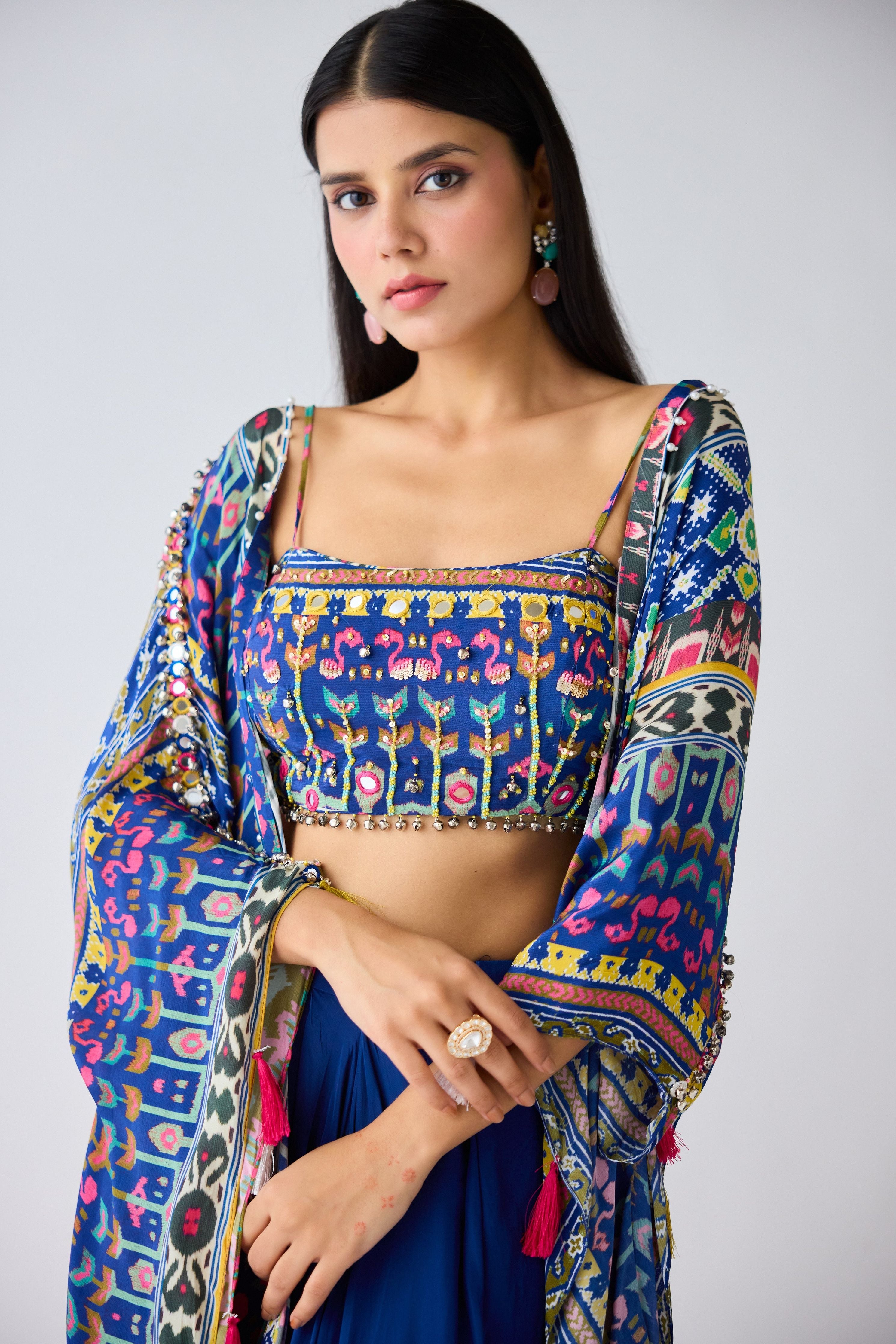 Blue Printed Skirt & Cape Set - Mokshaa