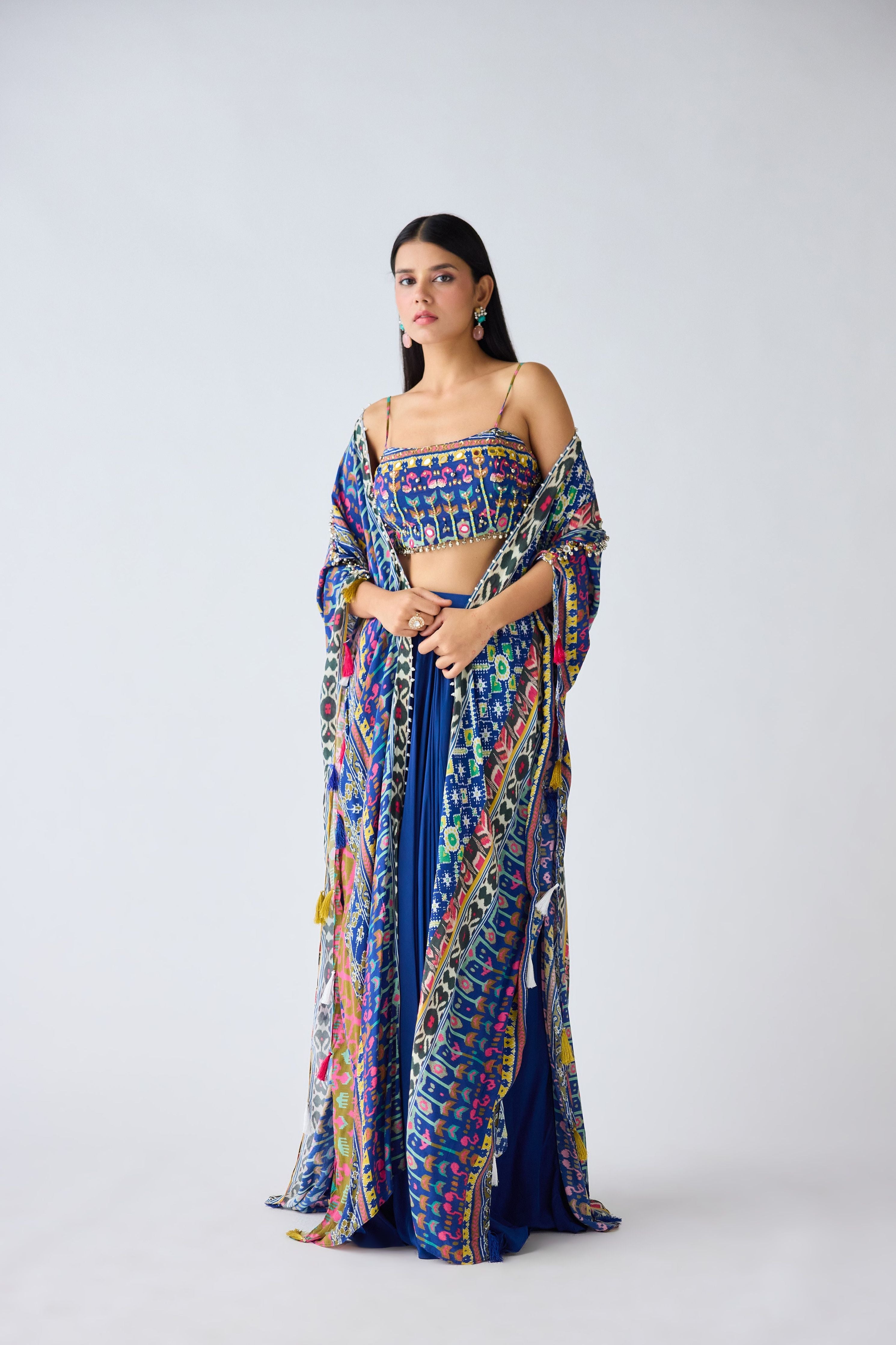 Blue Printed Skirt & Cape Set - Mokshaa