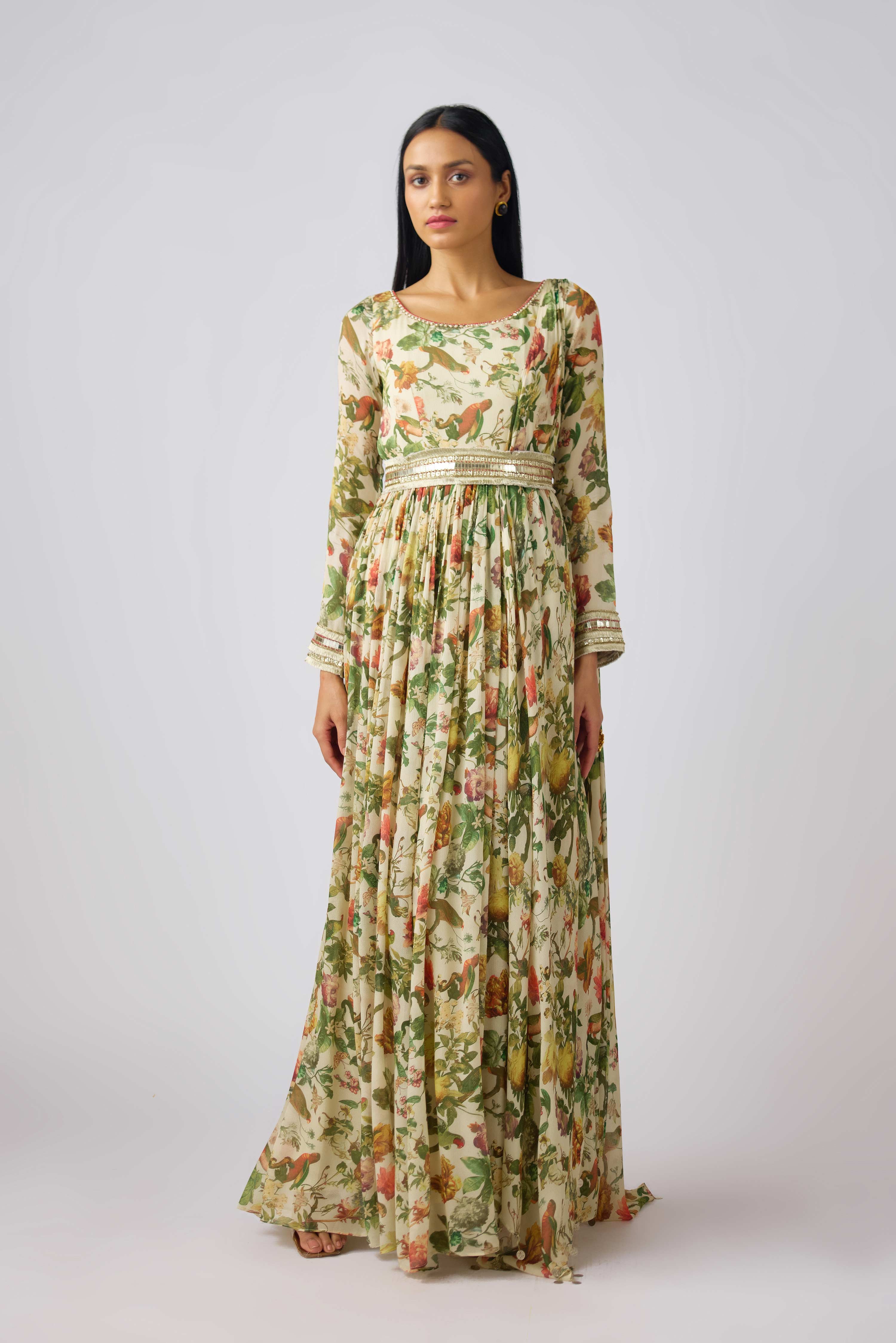 Off White Chinon Embroidered Gown  Mokshaa