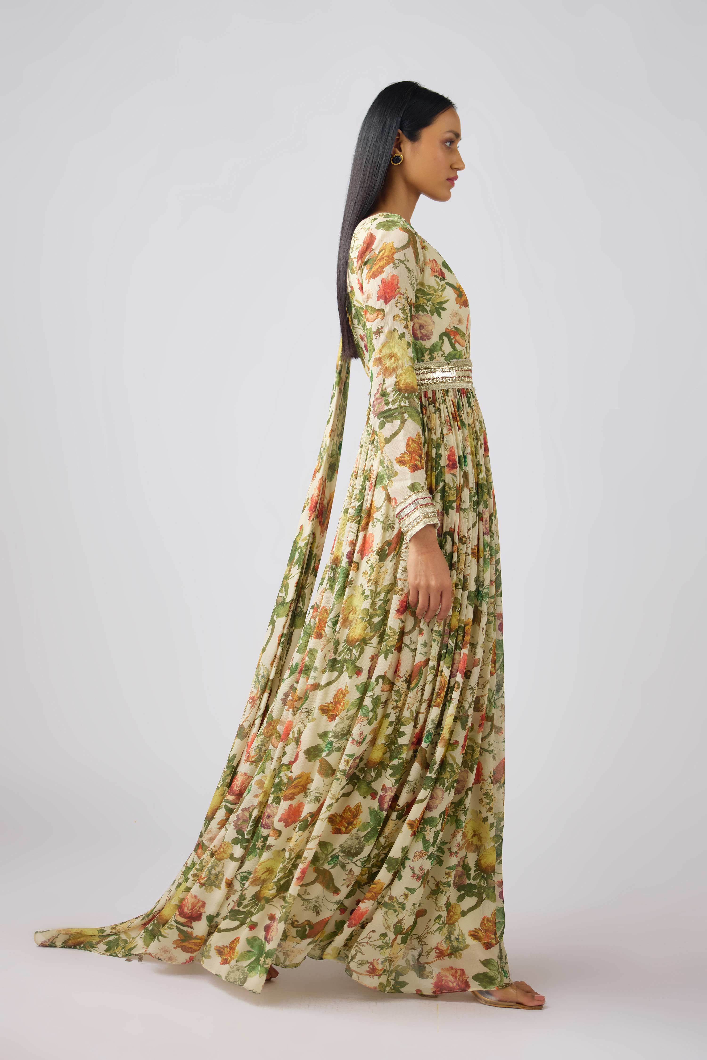 Off White Chinon Embroidered Gown  Mokshaa