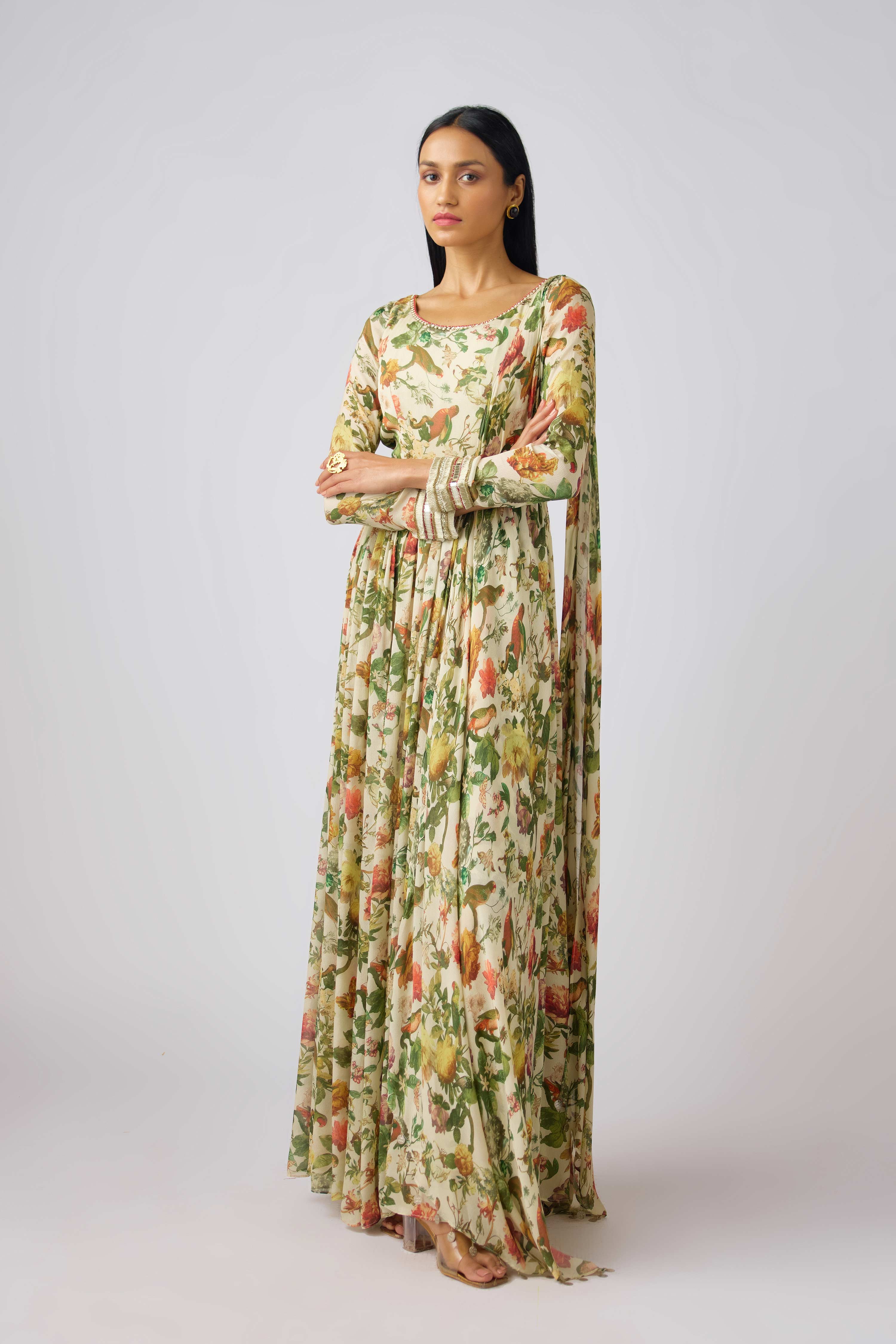 Off White Chinon Embroidered Gown  Mokshaa