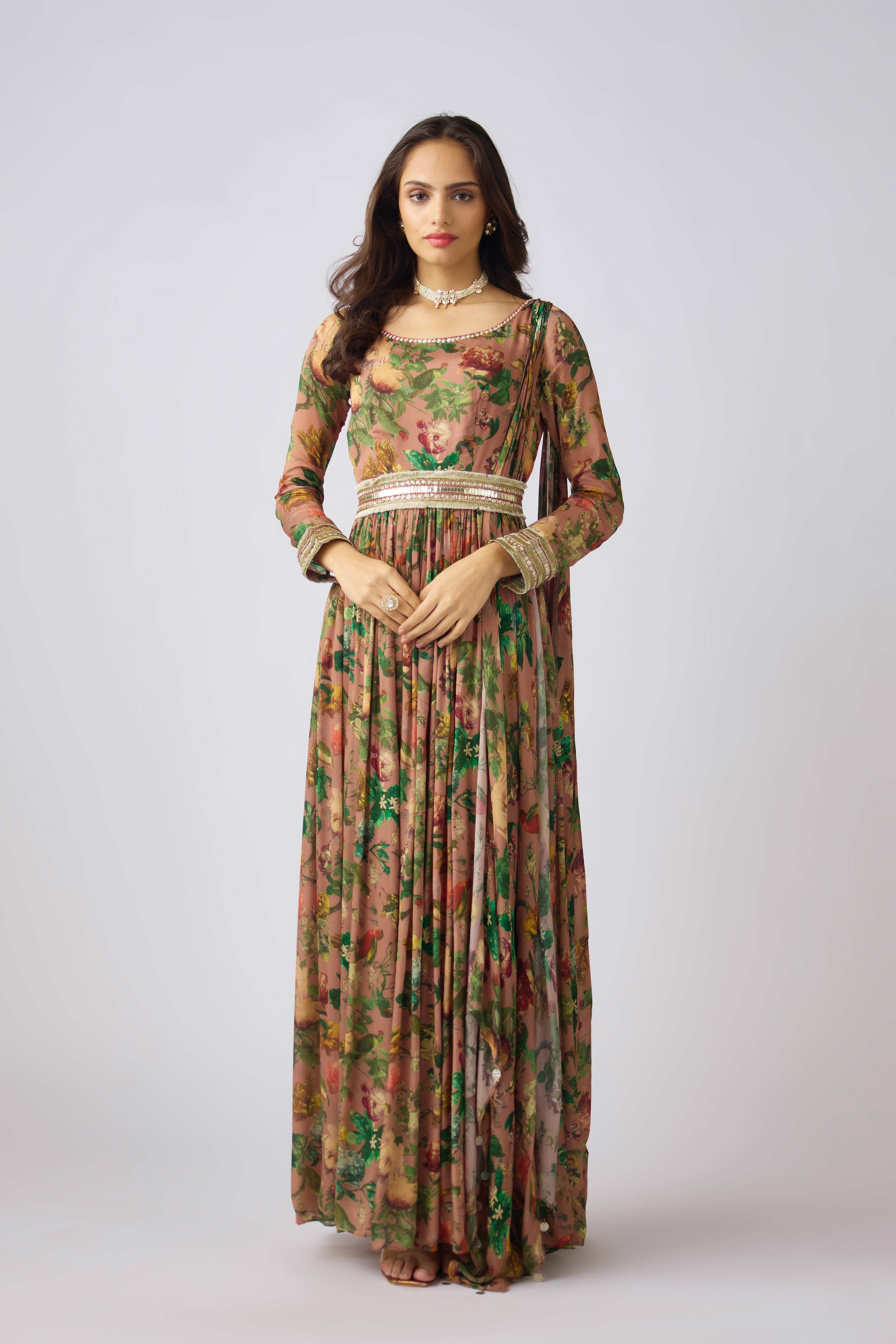 Peach Chinon Embroidered Gown  Mokshaa