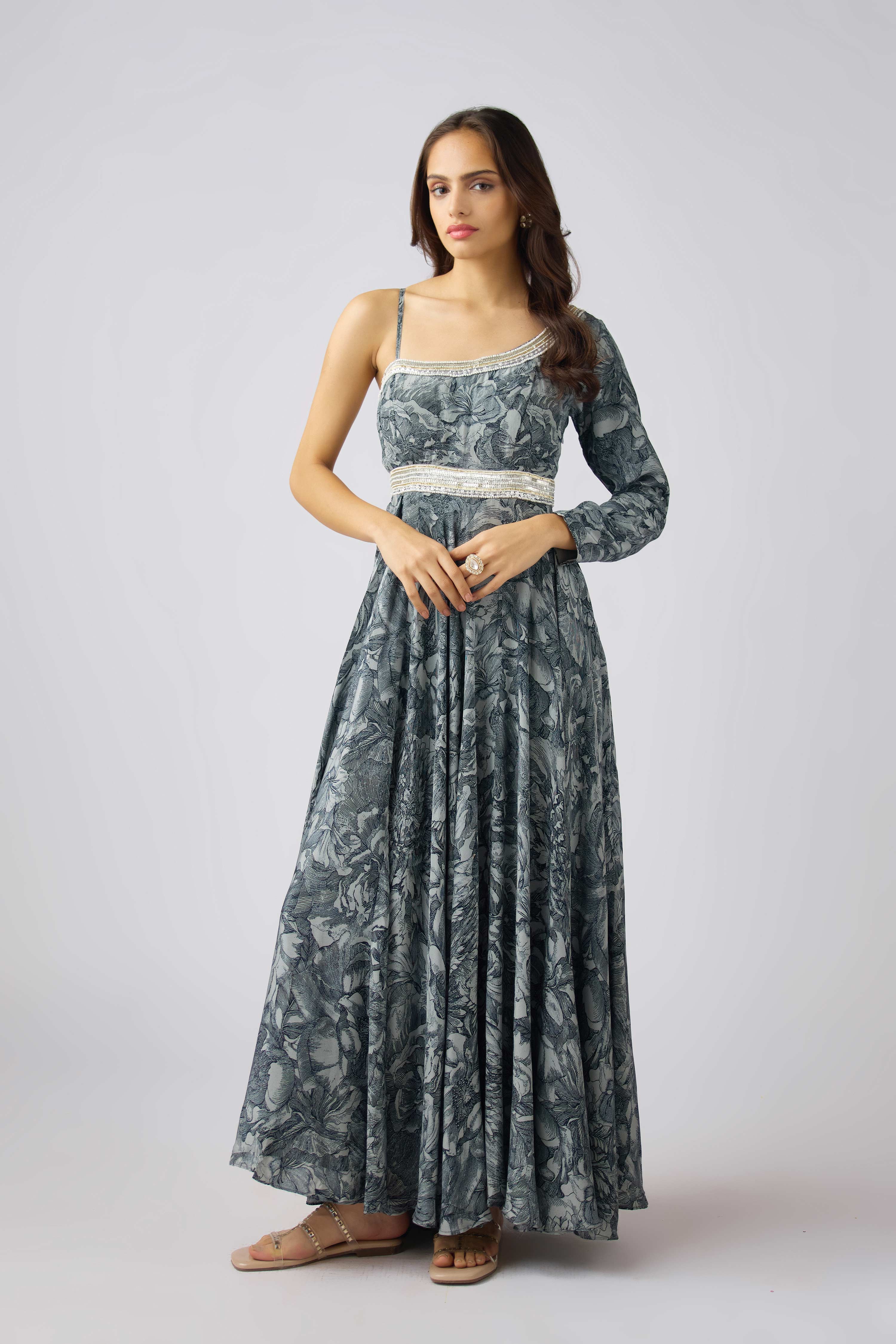 Grey Crepe Embroidered Dress  Mokshaa