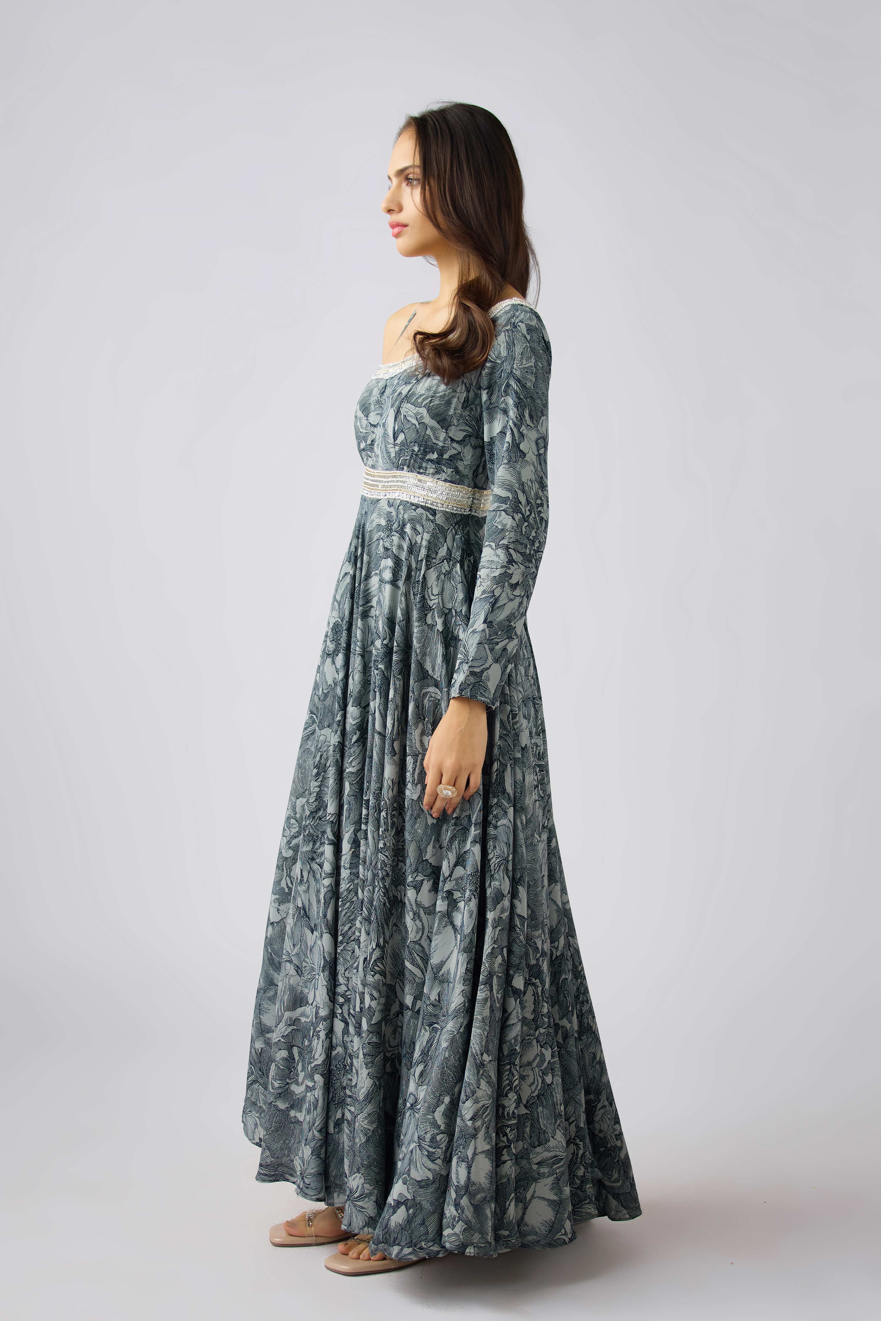 Grey Crepe Embroidered Dress  Mokshaa