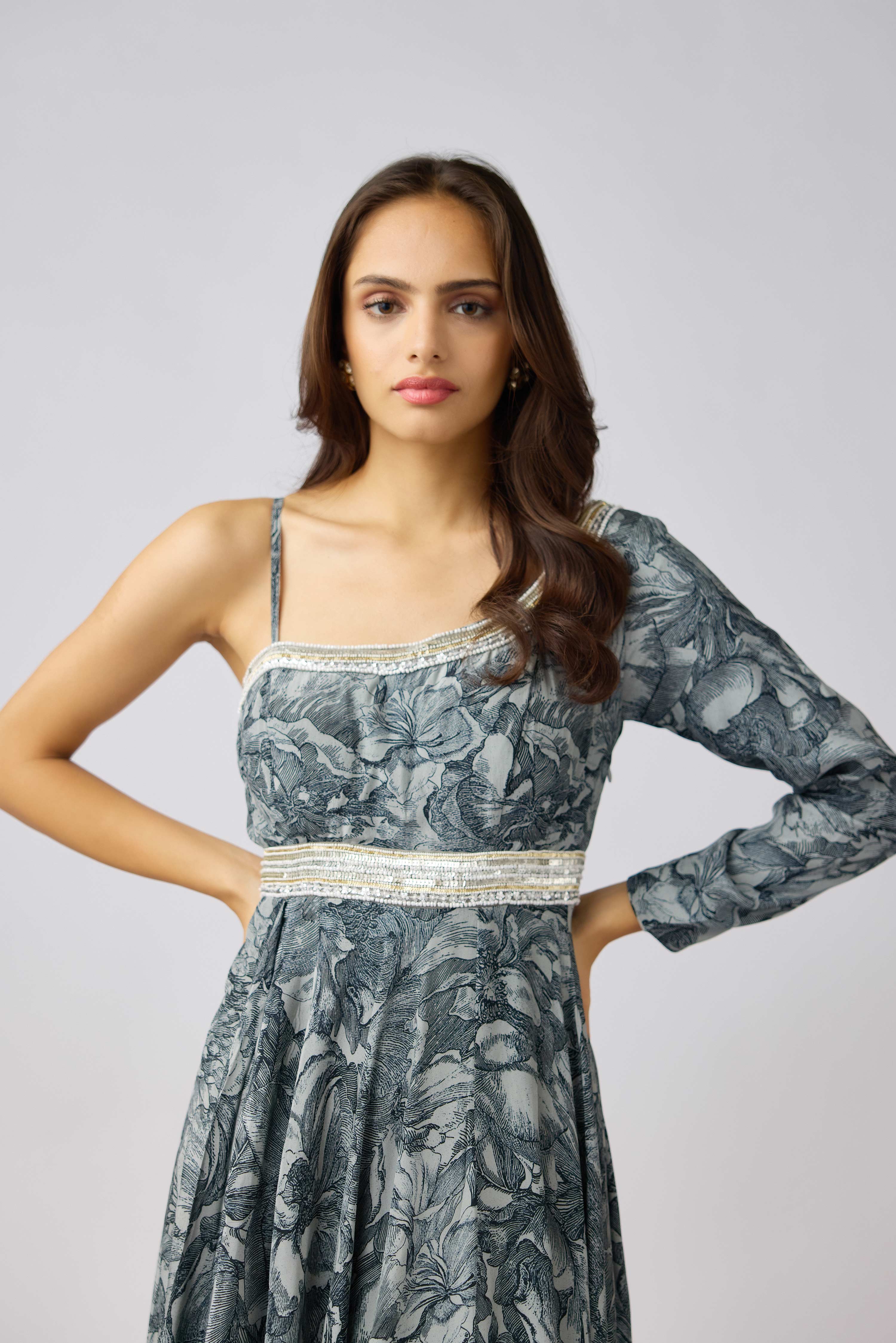 Grey Crepe Embroidered Dress  Mokshaa