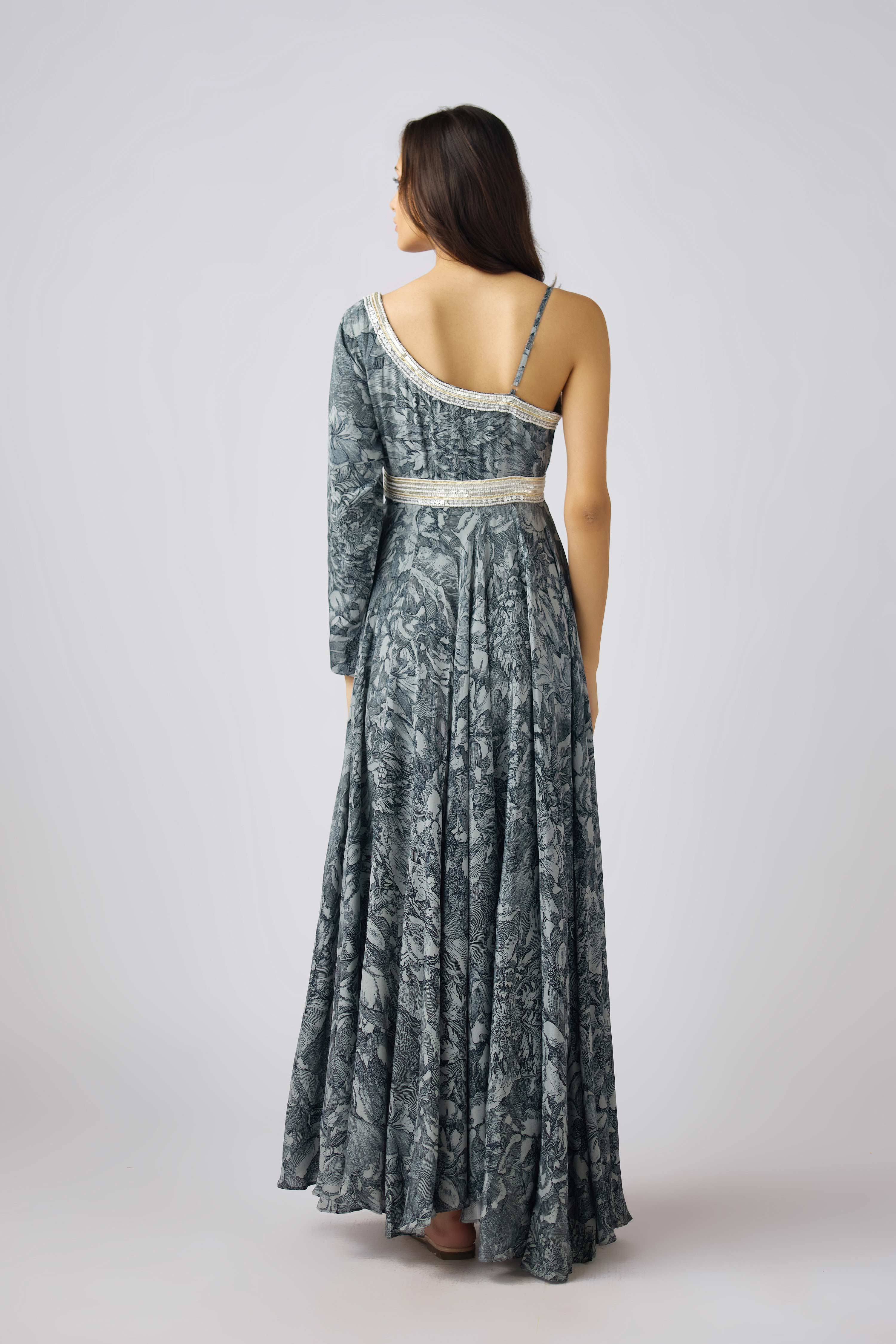 Grey Crepe Embroidered Dress  Mokshaa