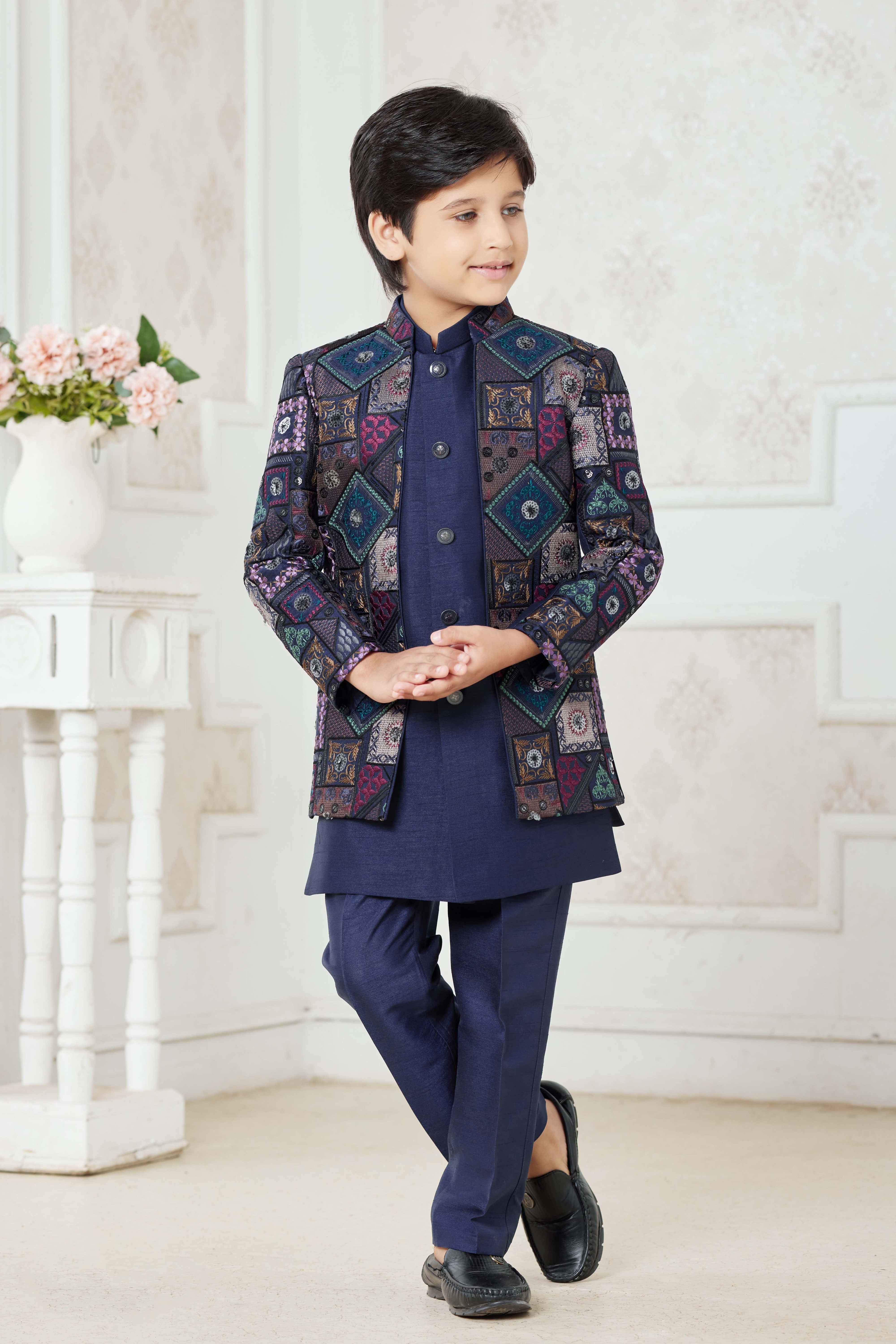 Navy Blue Boys Ethnic Wear Set with Printed Jacket