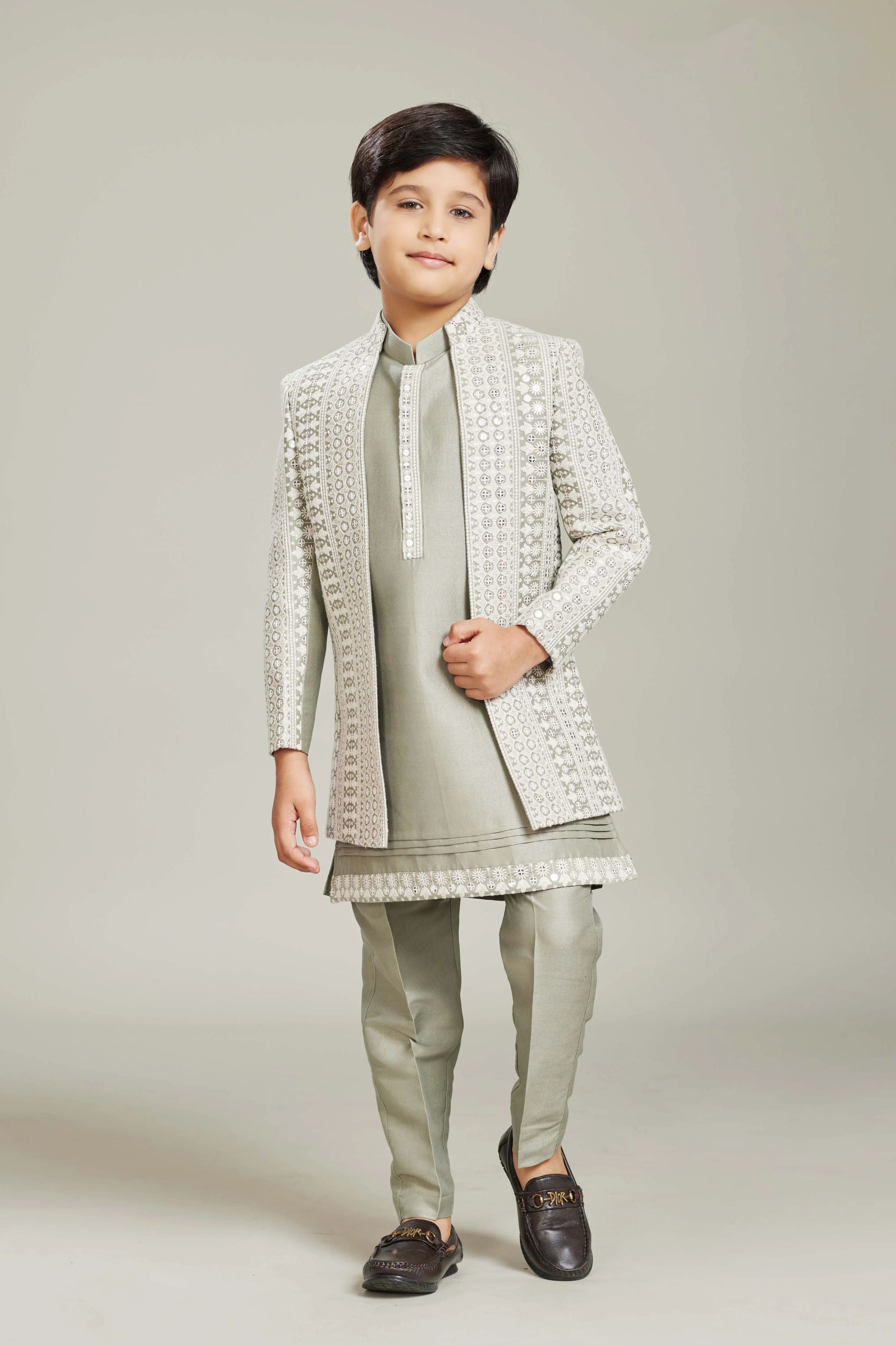 Light Grey Boys Indo-western Set with Mirror & Thread Embroidery - Mokshaa