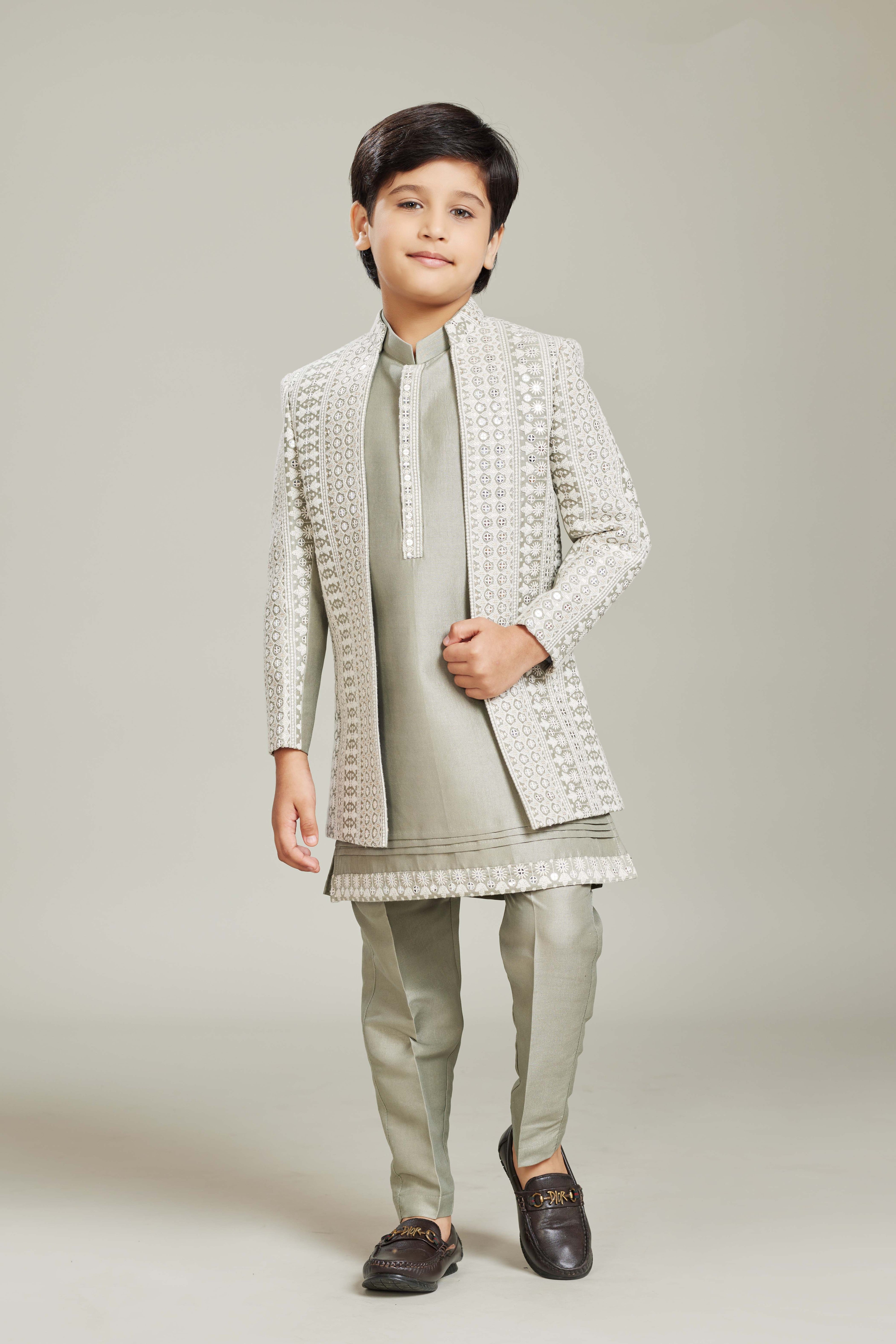Light Grey Boys Indo-western Set with Mirror & Thread Embroidery