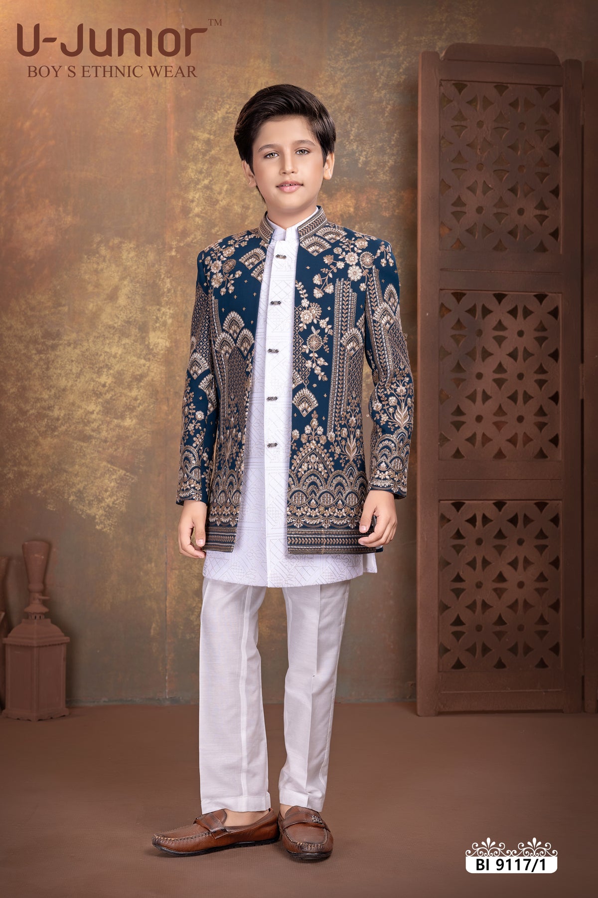 Navy Blue Embroidered Indo-Western Jacket Set for Boys