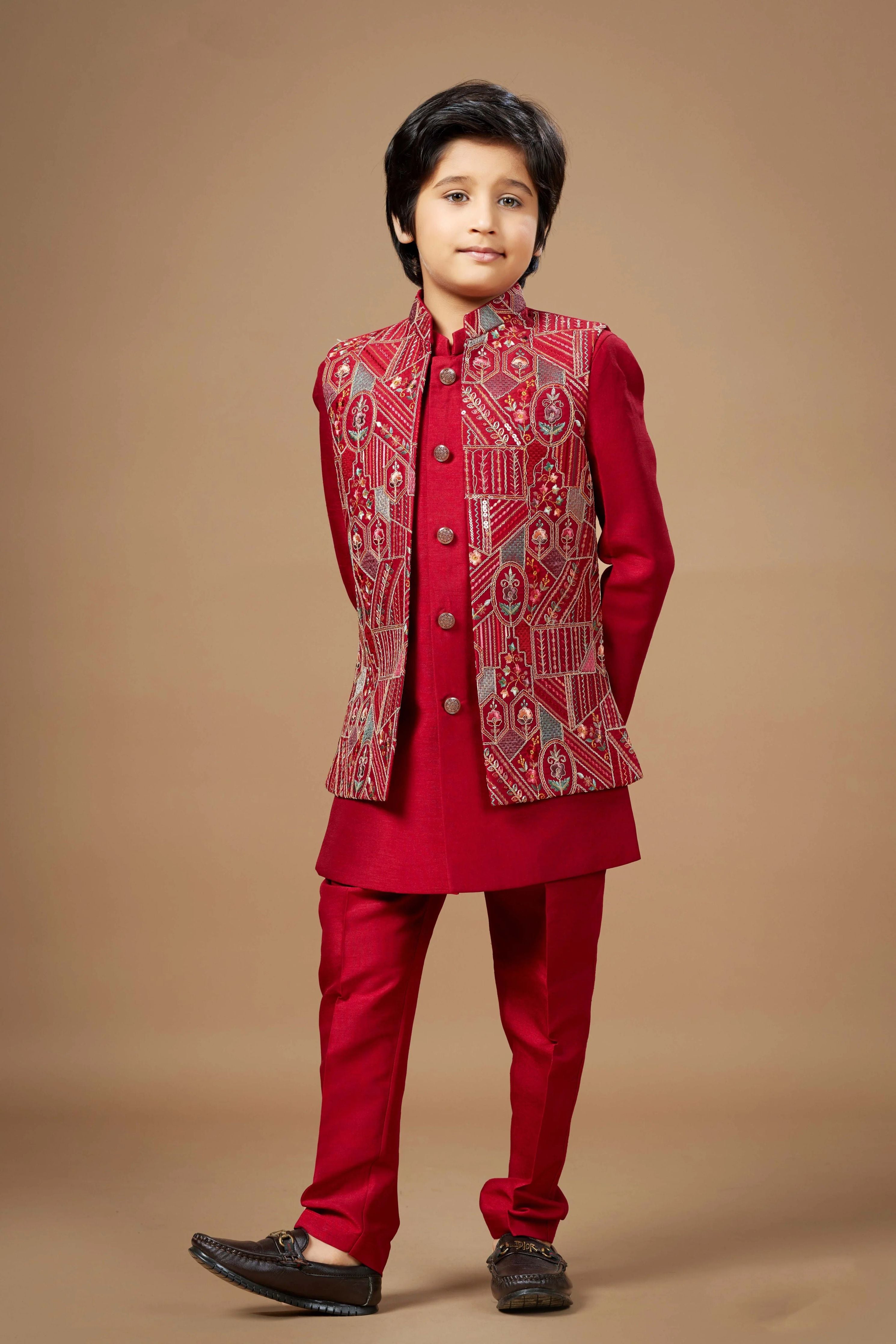 Red Boys Ethnic Wear Set with Embroidered Jacket - Mokshaa
