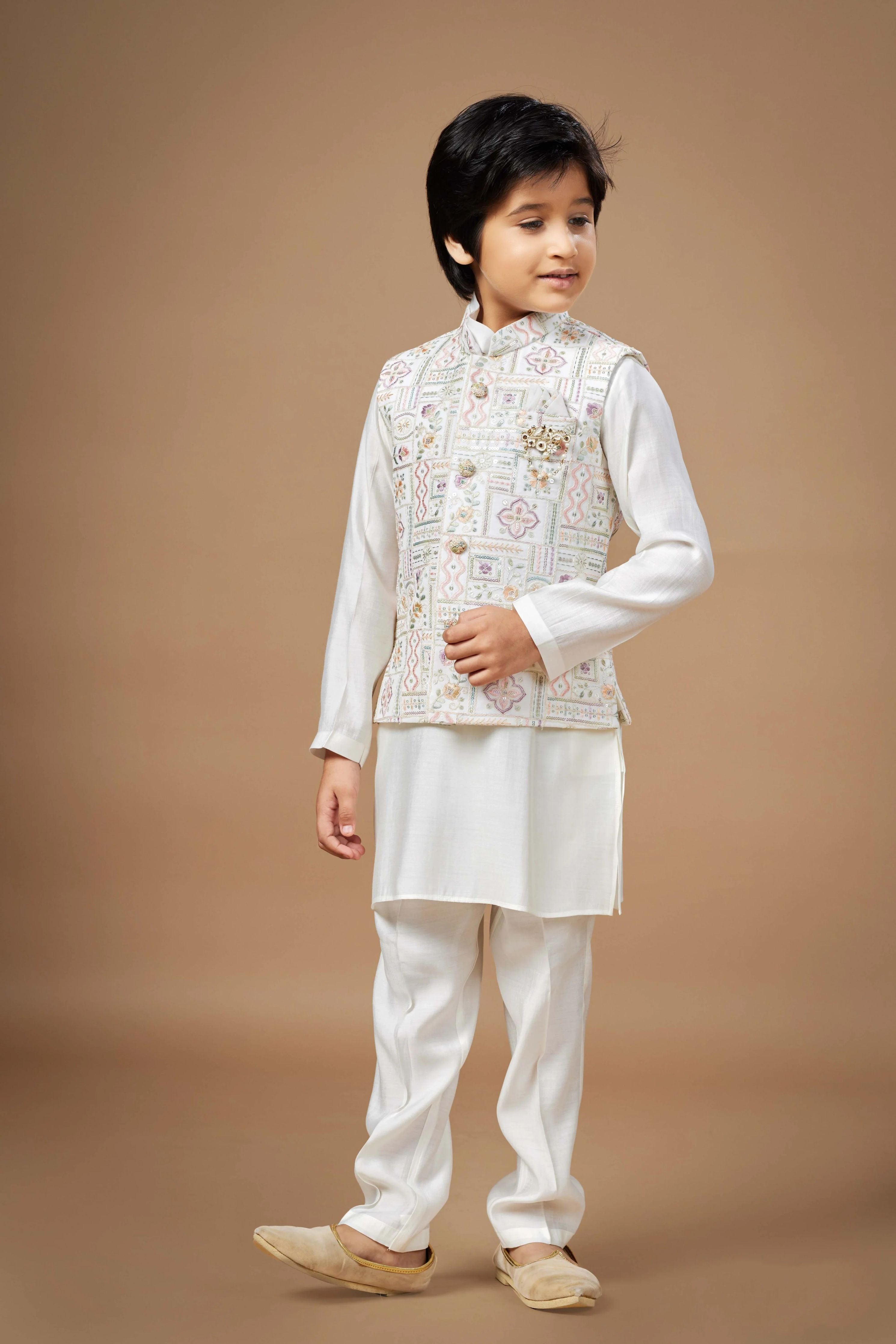White Boys Ethnic Wear Set with Pastel Embroidered Jacket - Mokshaa